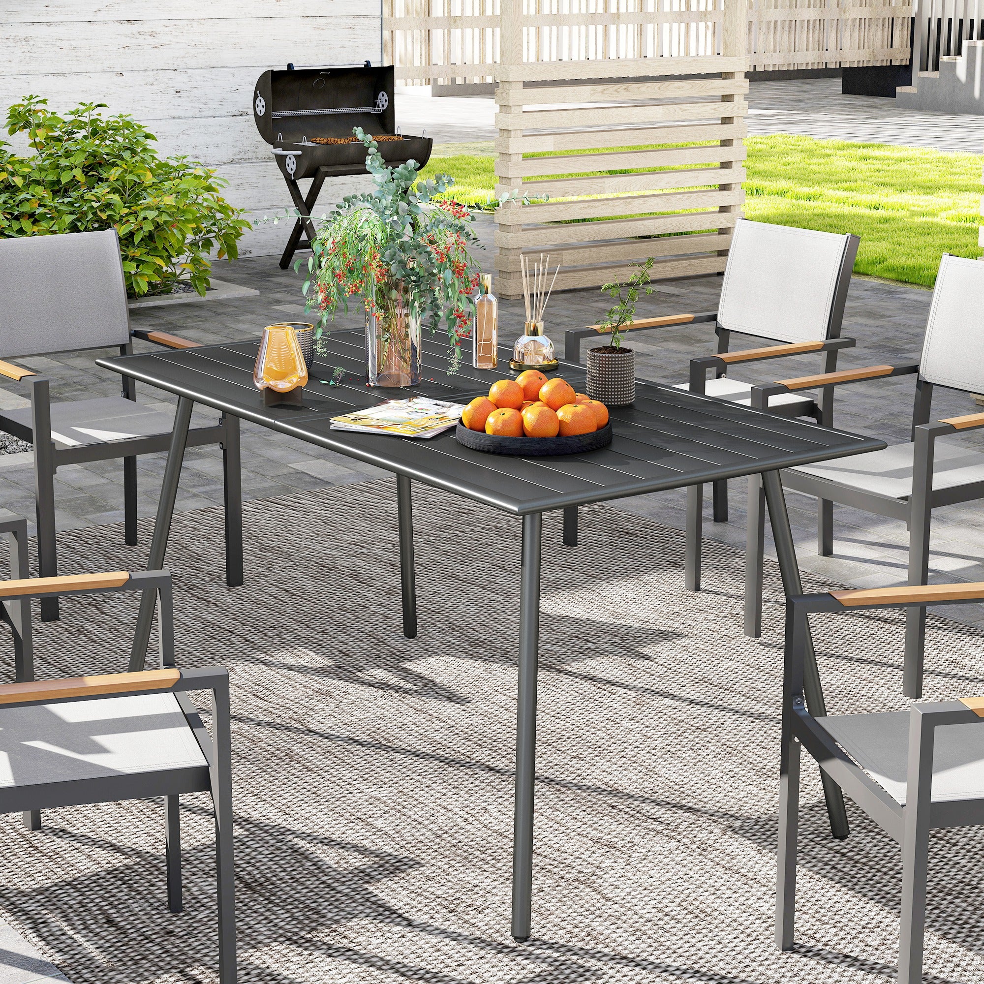 Table de jardin 6 personnes avec plateau à lattes, idéale pour jardin, patio ou terrasse. Dimensions : 150 x 80 x 74 cm, grise. - 3