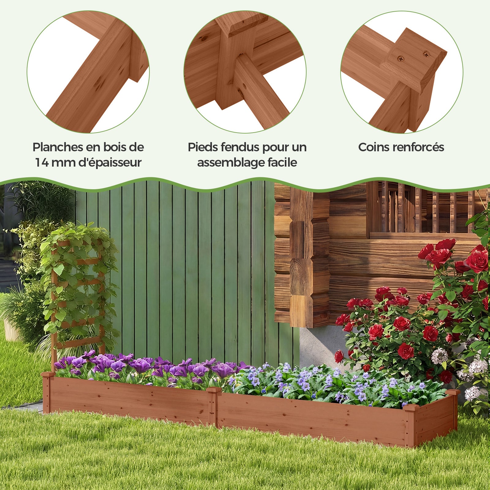 Jardinière avec Treillis en Bois avec Base Ouverte, 2 Bacs à Fleurs Extérieur pour Plante Grimpante, Lit de Jardin Surélevée, Marron - 8