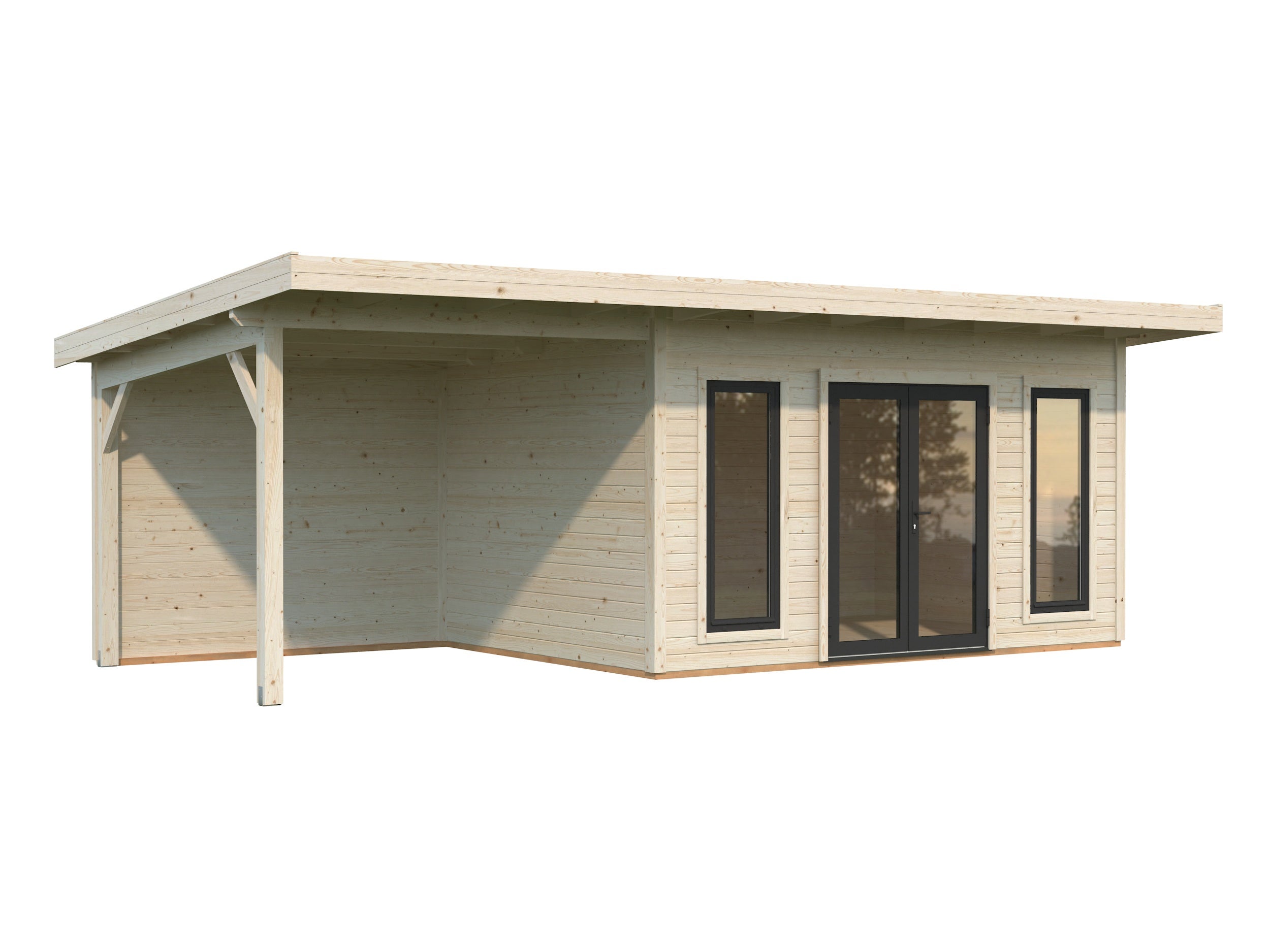 Studio de jardin en bois avec pergola Aurelia - PALMAKO - Ep.44 mm - 749x300 - 21,7 m² - Double vitrage trempé - 2