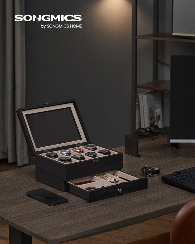Boîte à Montres 8 Emplacements, Écrin à Montres en Bois, avec Couvercle en Verre, Coussinets pour Montres, Doublure en Velours, Noir Boisé - 2
