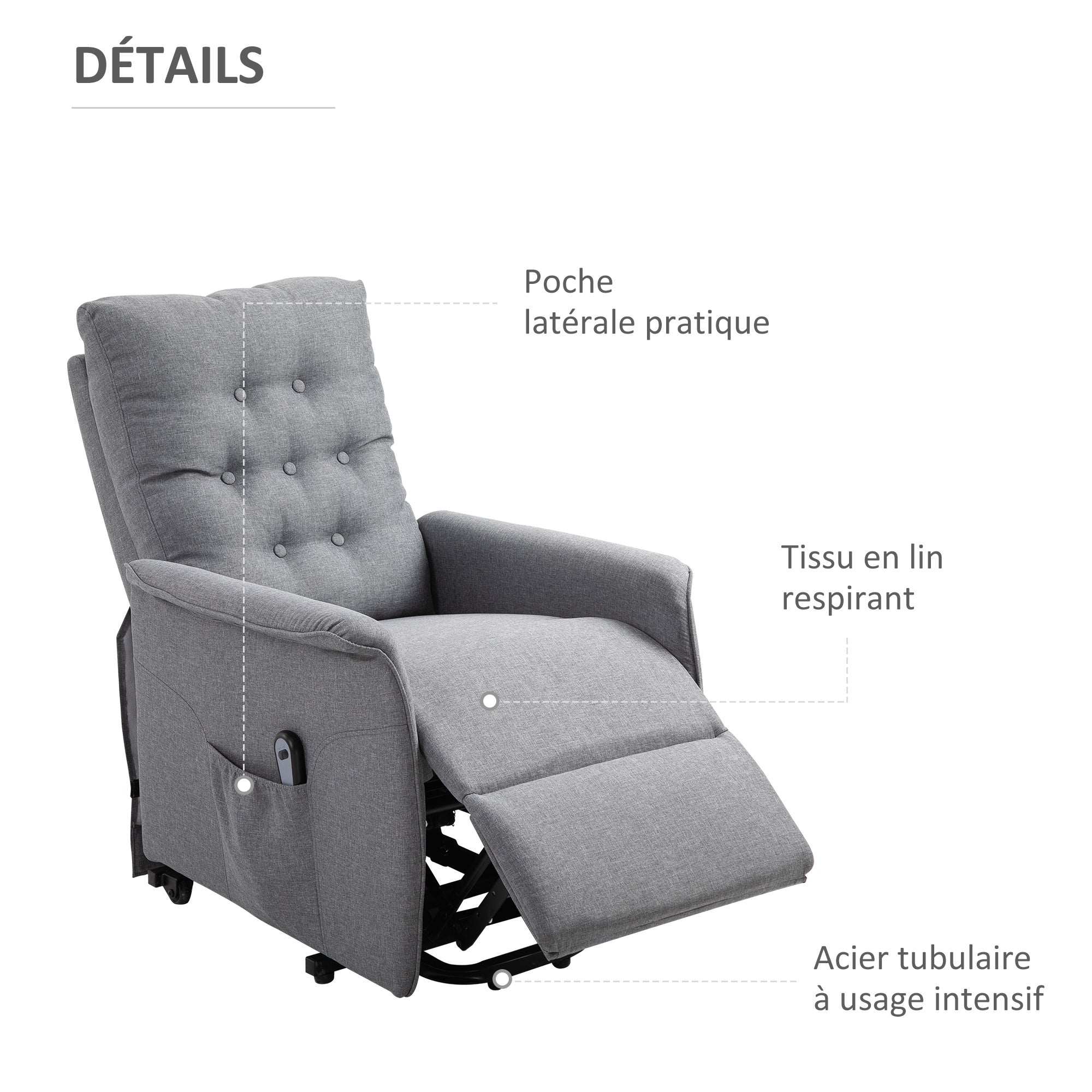 Fauteuil relax électrique en lin gris 1 place HOMCOM - 4