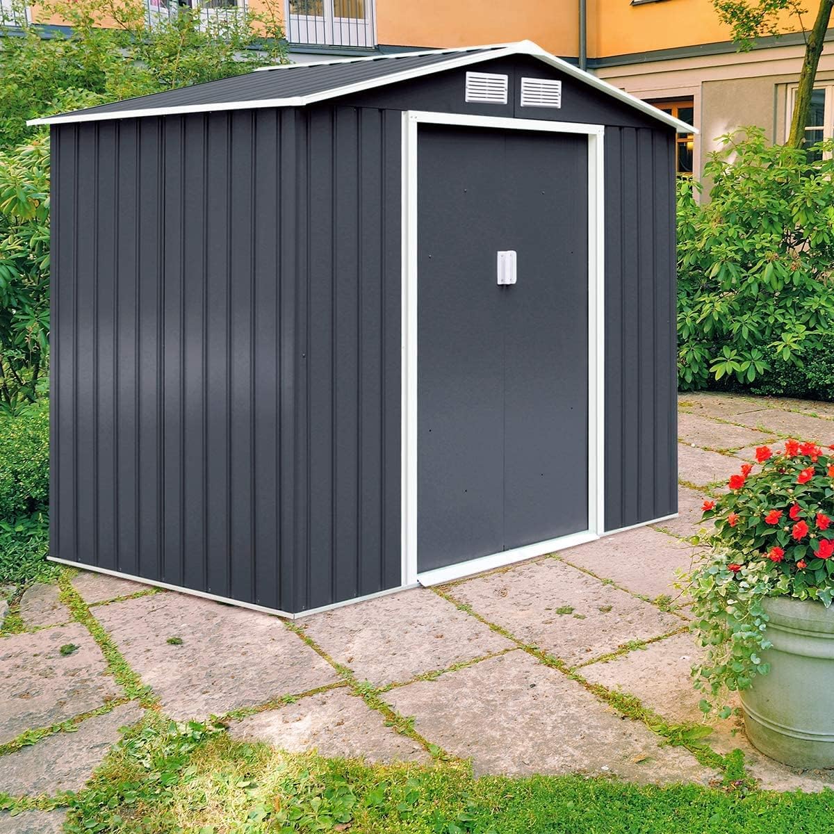 2,37m² Abri de Jardin Métal Galvanisé avec Base, Cabane de Rangement à Outils 213x127x185 cm avec Portes Coulissantes & Fenêtres,4,39m³ Gris - 2