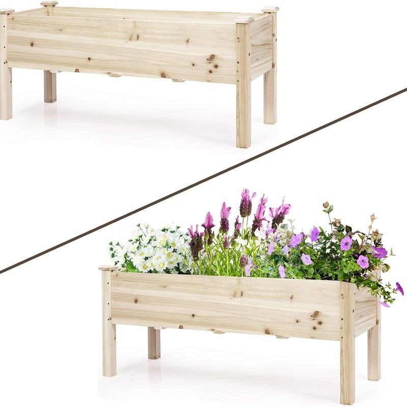 Donica na Drewnianych Nóżkach, Prostokątna Skrzynka na Kwiaty z 5 Otworami Drenażowymi do Warzyw, Ziół, Kwiatów 120 x 43,5 x 51 cm