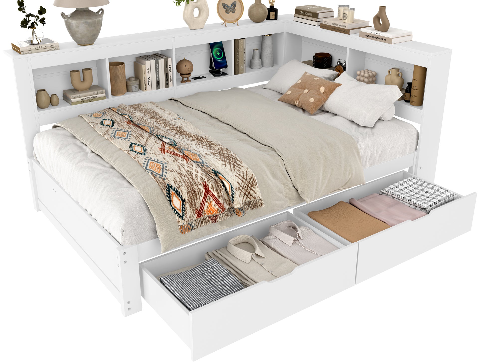 Lit 140 x 200 cm avec 2 tiroirs et compartiments, canapé-lit - Pin + MDF + contreplaqué - Prises de charge et USB - Blanc (sans matelas) - 8