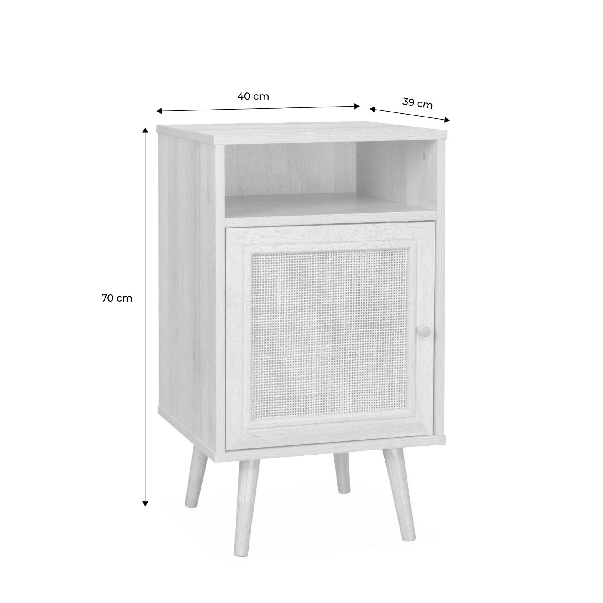 Lot de 2 tables de chevet en cannage - Bohème - 40x39x70cm Naturel - 2 niveaux - 1 portes - 1 espace de rangement - pieds scandinaves - 4