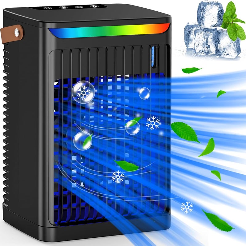 Przenośny mini klimatyzator z uchwytem, cichy, zasilany przez USB, timer 2/4/6 godzin, 5 prędkości, regulacja 60°