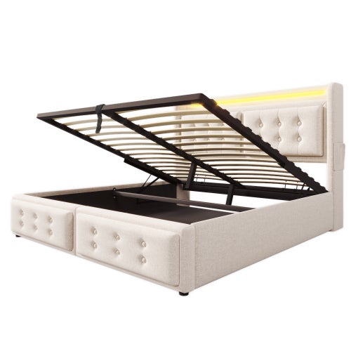 Letto Matrimoniale Imbottito 180x200 Cm Con Contenitore – Testata Tufted, Luci LED RGB, Struttura In Acciaio, Grigio Cotone - 4