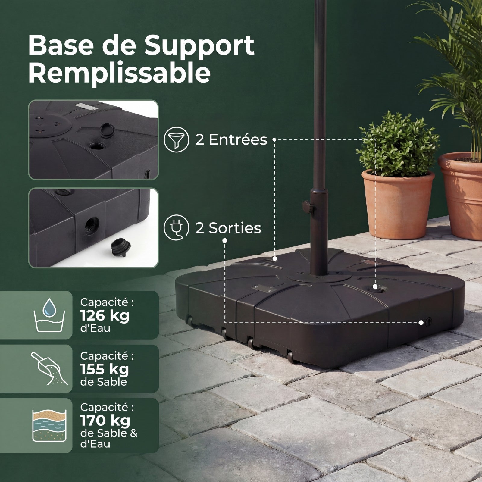 Pied de Parasol Déporté avec roulettes, Base de Parasol en HDPE Portable, Remplissable Eau & Sable 170 KG pour Jardin Terrasse Patio, Noir 88x88x20cm - 8