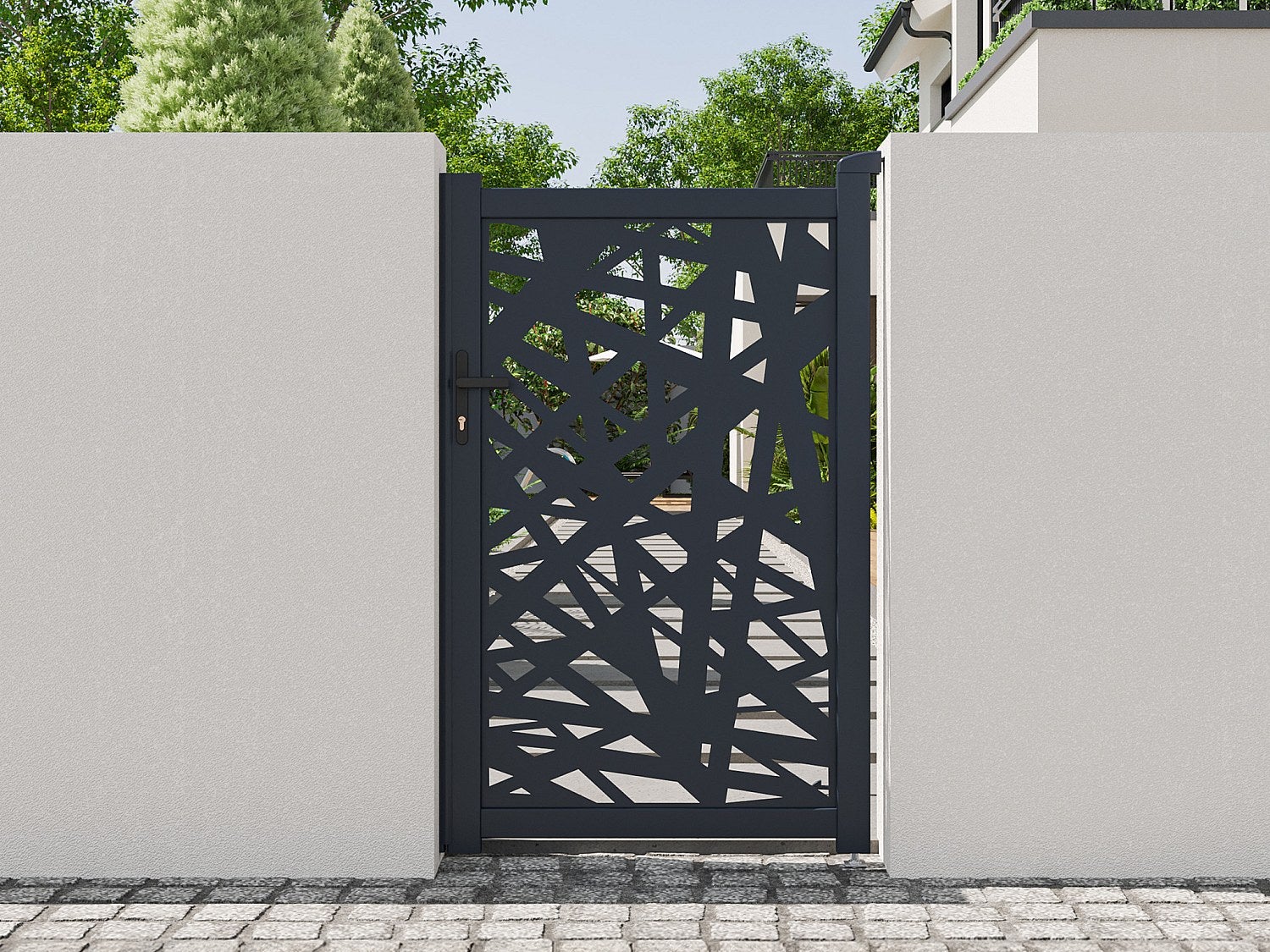 Furtka skrzydłowa z aluminium z motywem geometrycznym wyciętym laserowo – szer. 103 x wys. 166 cm – antracyt – NATAFO