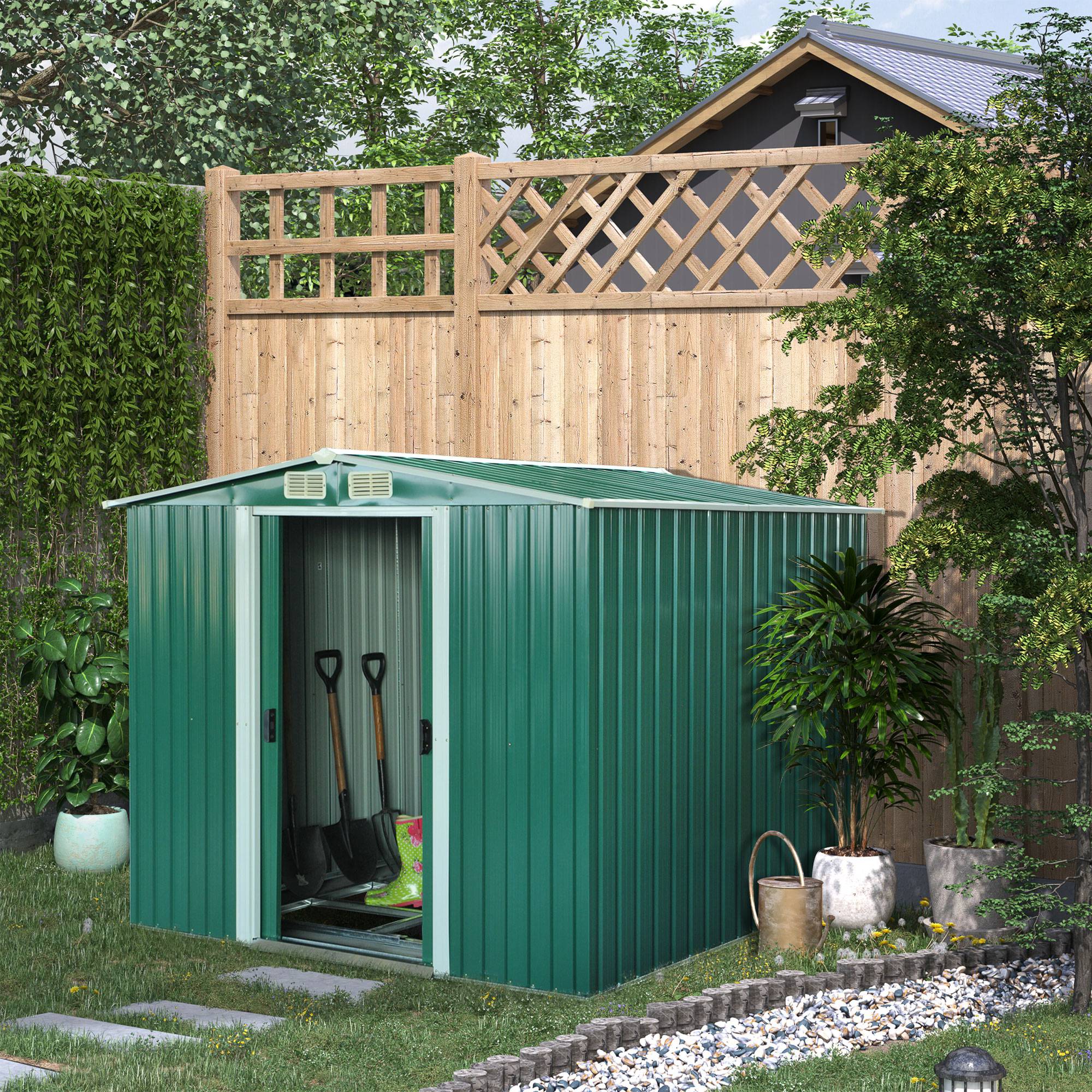 Cobertizo jardín con puertas correderas Outsunny 258x206x178 cm verde - 2