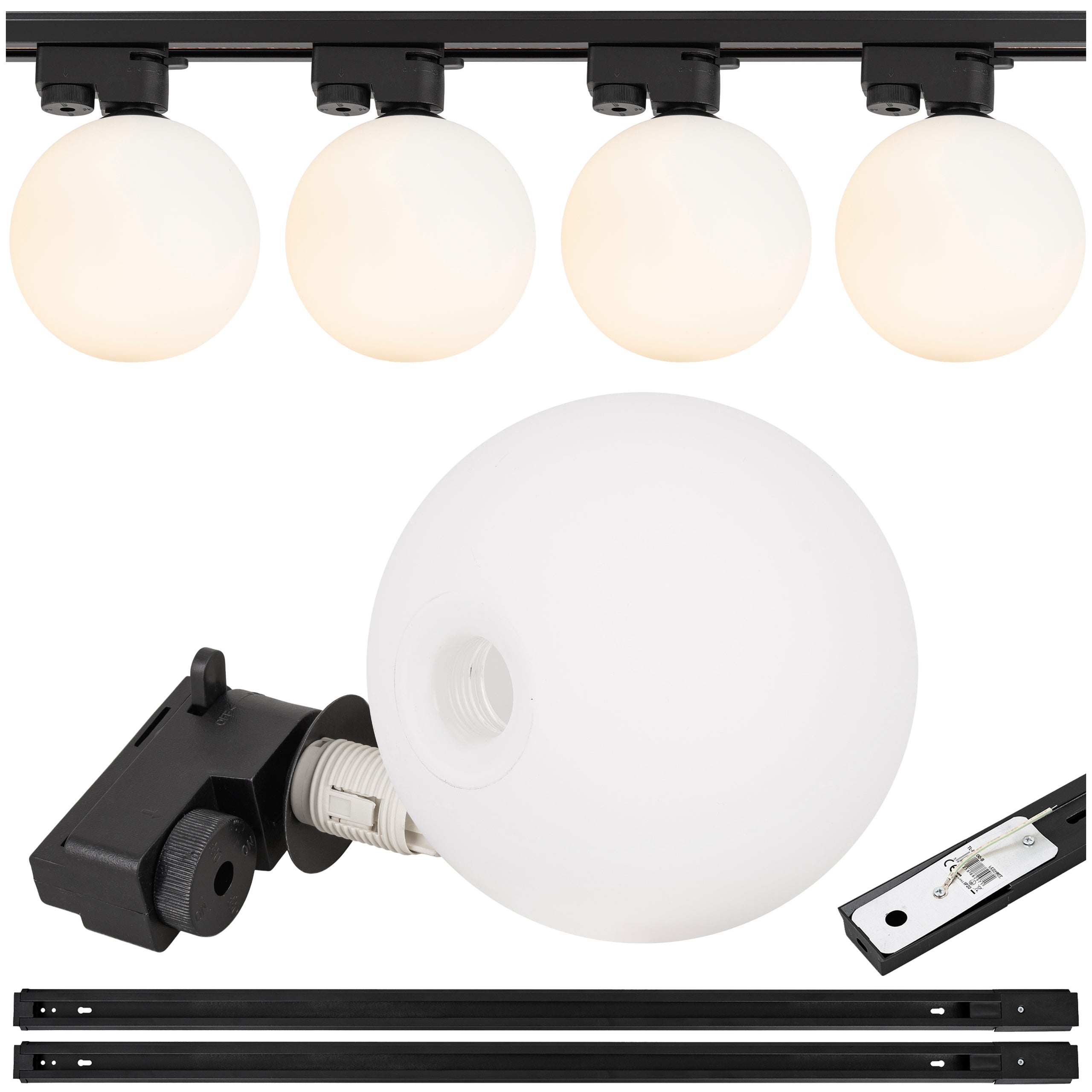 Lampa szynowa wisząca 4x BIAŁA KULA klosz mleczny G9 + 2x szynoprzewód 1m Oprawa szklana OKRĄGŁA biel OZDOBNA - LEDHOFF