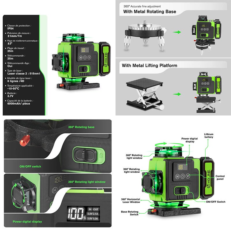 Livella laser 4D a 16 linee, controllabile a distanza tramite applicazione, linea orizzontale verde autolivellante a 360°,fornita con treppiede da 1 m - 6
