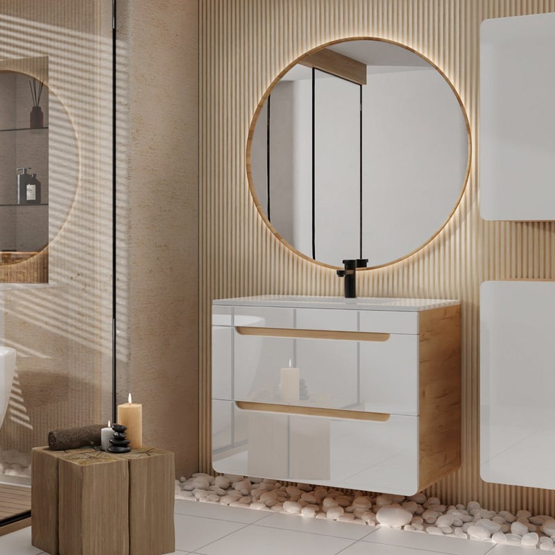 Szafka łazienkowa wisząca z wbudowaną umywalką i dwoma słupkami - 80 cm - Kolor naturalny i biały - ARUBA