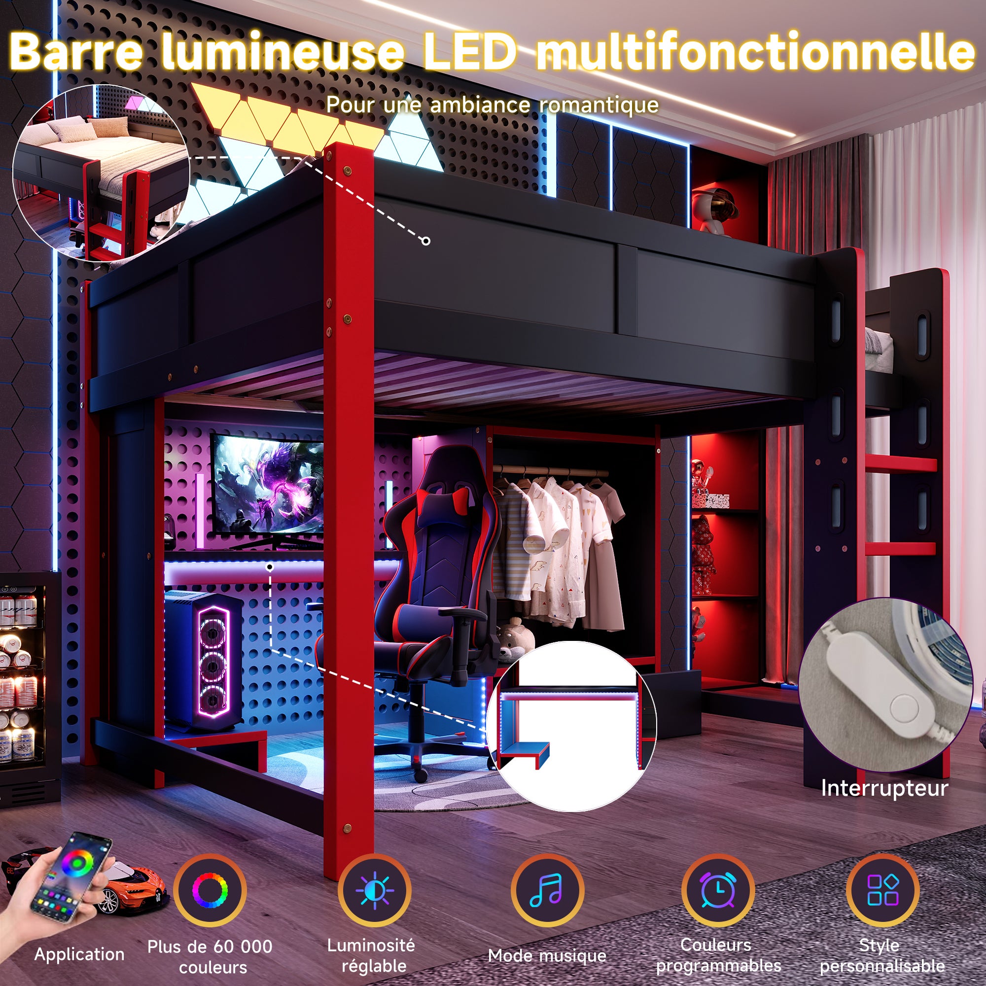 Lit mezzanine adulte 140x200cm avec bureau et éclairage LED, lit superposé en bois avec armoires intégrées et tiroirs - Pin - noir (sans matelas) - 3