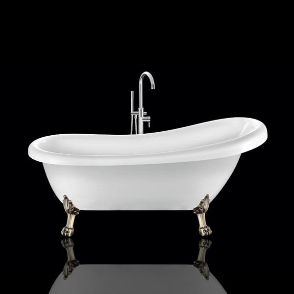 Baignoire sur pieds rétro RICHMOND Blanche 155 cm Pieds de Lion Bronze jaune vieilli