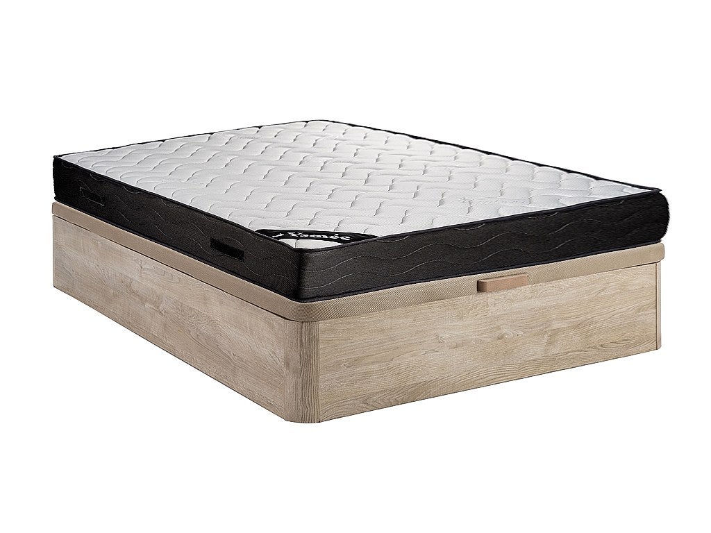 Zestaw 140 x 190 cm stelaż ze skrzynią naturalny jasny + materac o grub. 24 cm z 7-strefowymi sprężynami kieszeniowymi i pamięcią kształtu - MERISI ma