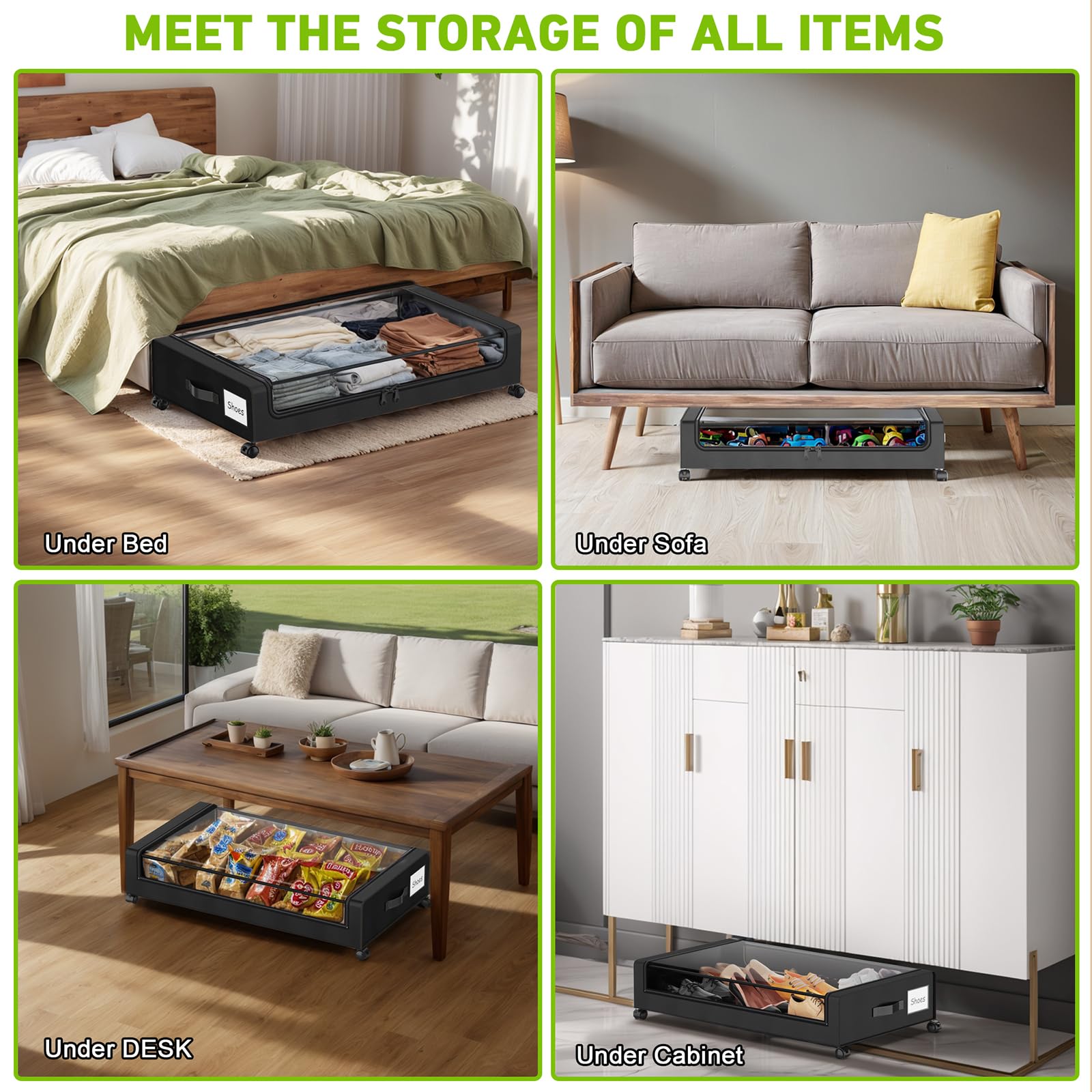Armoire de rangement sous le lit sur roulettes, 1 paquet de conteneurs de rangement sous le lit avec couvercle transparent, tiroir sous le lit, noir - 6