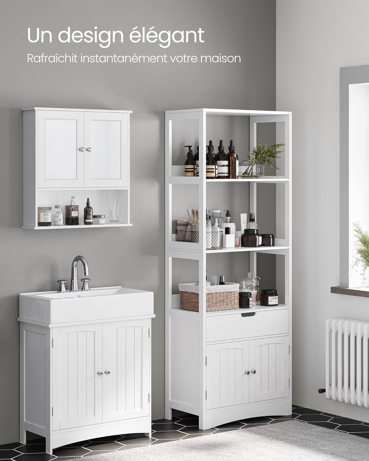 Meuble De Salle De Bain Avec 3 Compartiments Ouverts, 1 Tiroir, 1 Placard, 60 x 32,5 x 154 cm - 5