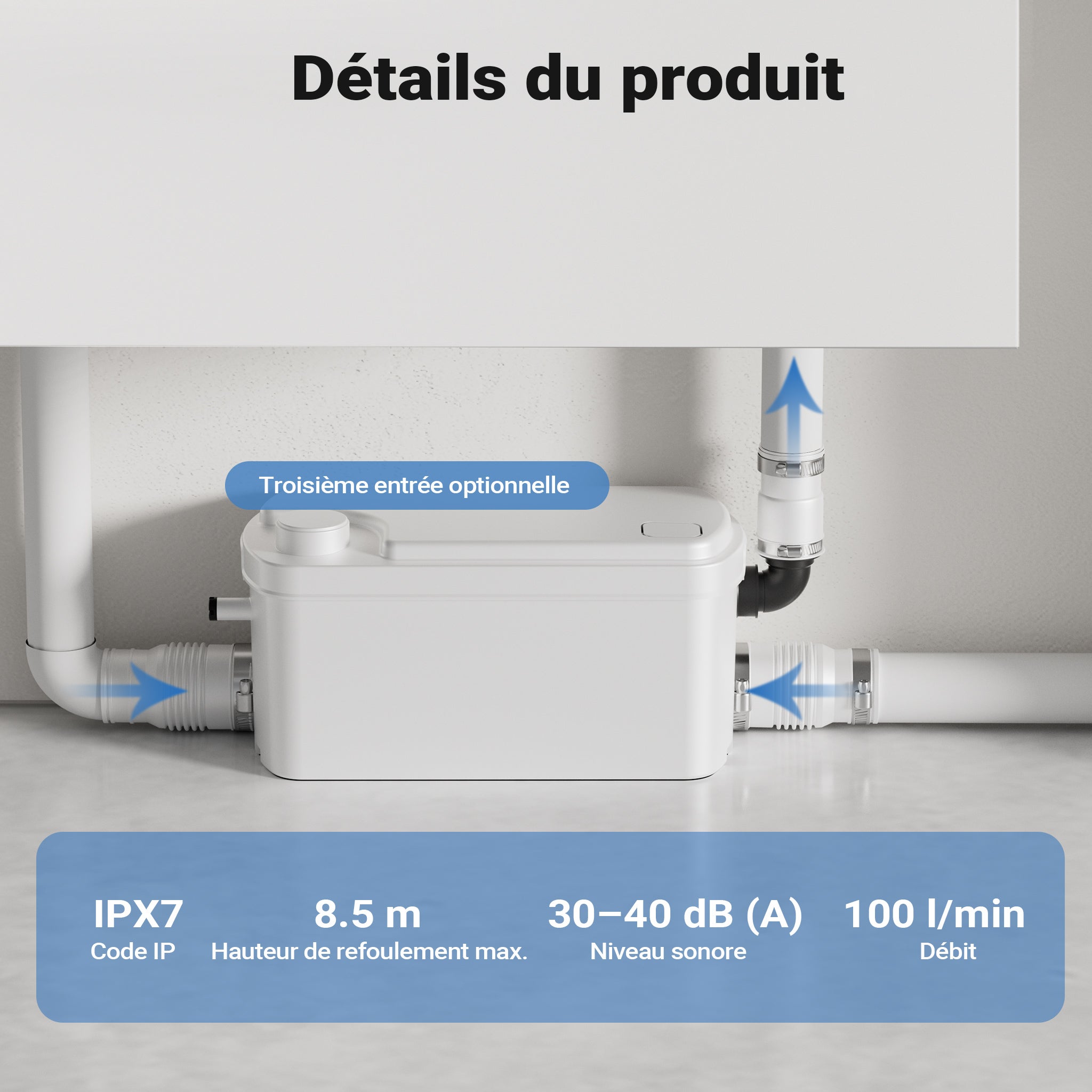 Pompe de relevage 3/1 compacte – 250 W – avec 3 entrées – Hauteur de refoulement max. 8,5 m – Eaux usées Eaux chargées Pompage – Station… XPOtool - 3