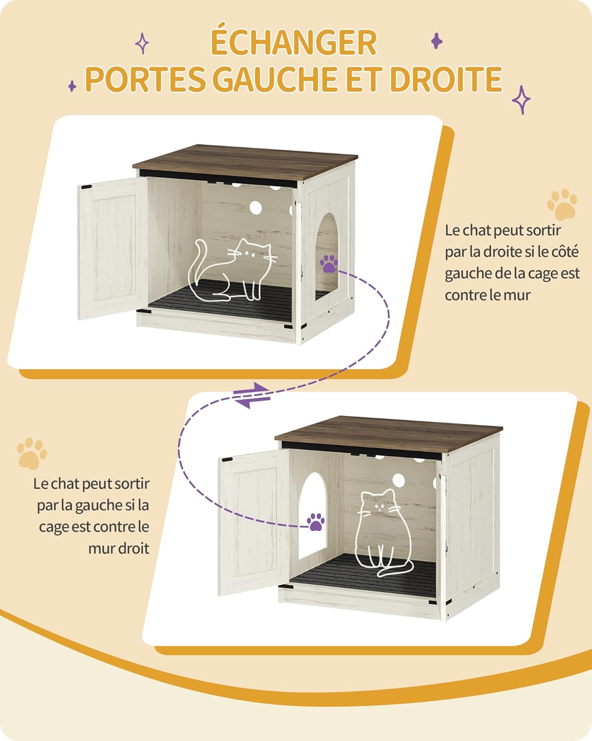 Caixa de areia para gatos, armário para areia com divisória amovível, casota para gatos, entrada reversível (esquerda ou direita), castanho e branco. - 6