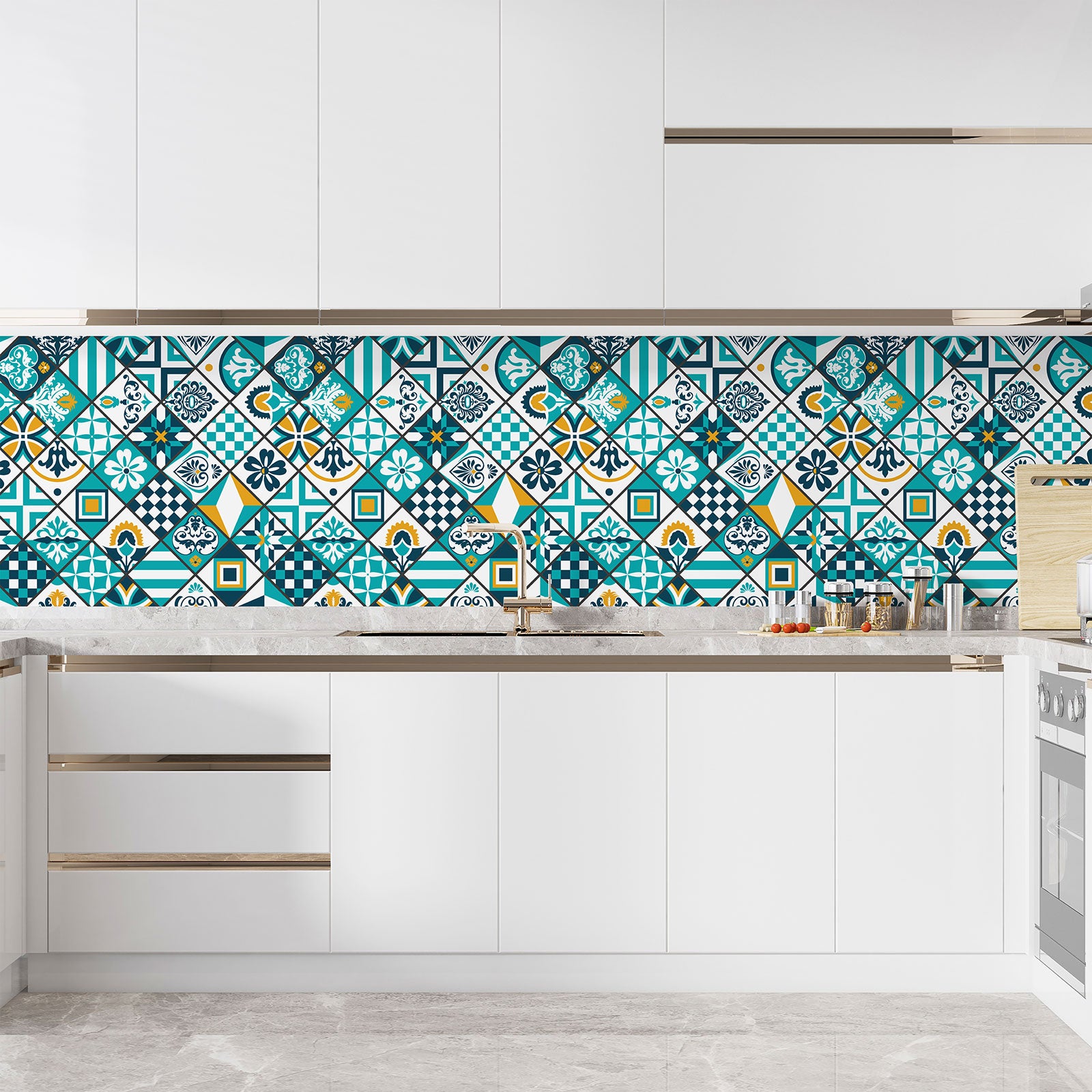 Crédence adhésive sticker décoratif pour cuisine - Effet carreaux de ciment - Adhésif MAT - 60x60 cm - 3