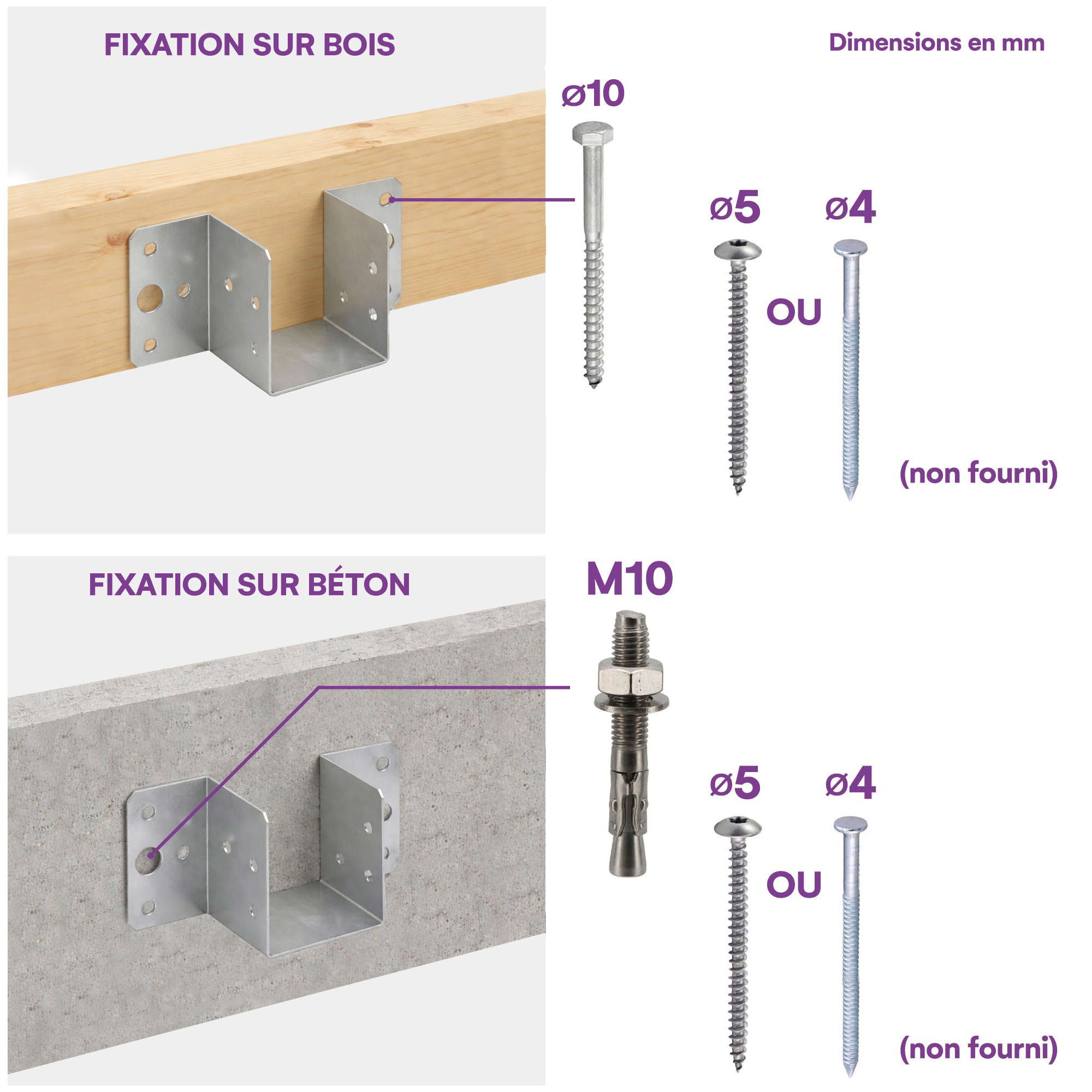 10 sabots de charpente à ailes extérieures - Connecteurs de poutres - Acier galvanisé - Larg 60 x Ht 60 mm - Fabriqué en Europe - 3
