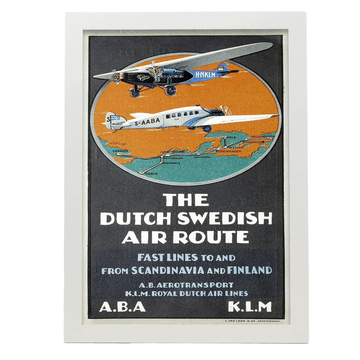 Nacnic póster de publicidad de viajes antigua ruta aérea países bajos-suecia ilustraciones de anuncios vintage a3 con marco blanco