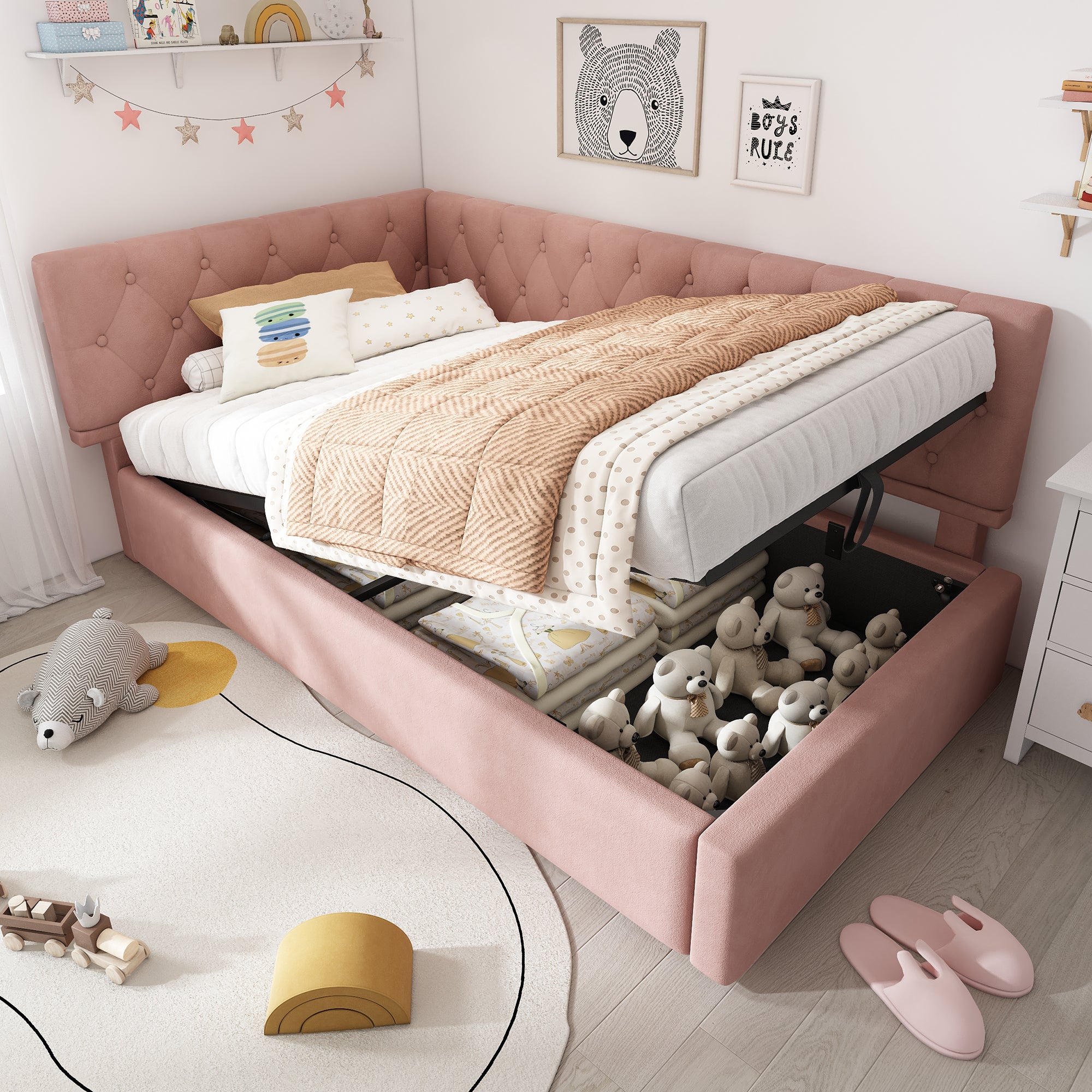 Rozkładana sofa 90 x 190 cm, z hydraulicznym schowkiem, aksamitna, różowa. - 3