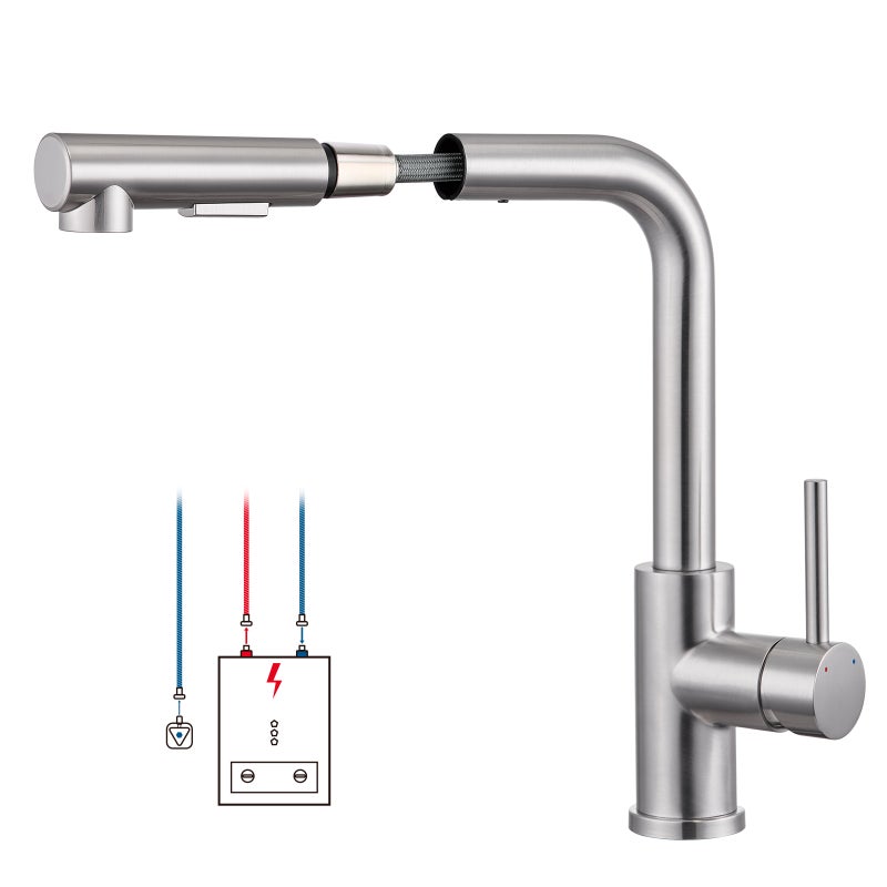 LOVHAUS Niskociśnieniowa wyciągana bateria kuchenna, obrotowa 360°, niskociśnieniowa bateria kuchenna z 3 przyłączami do bojlera