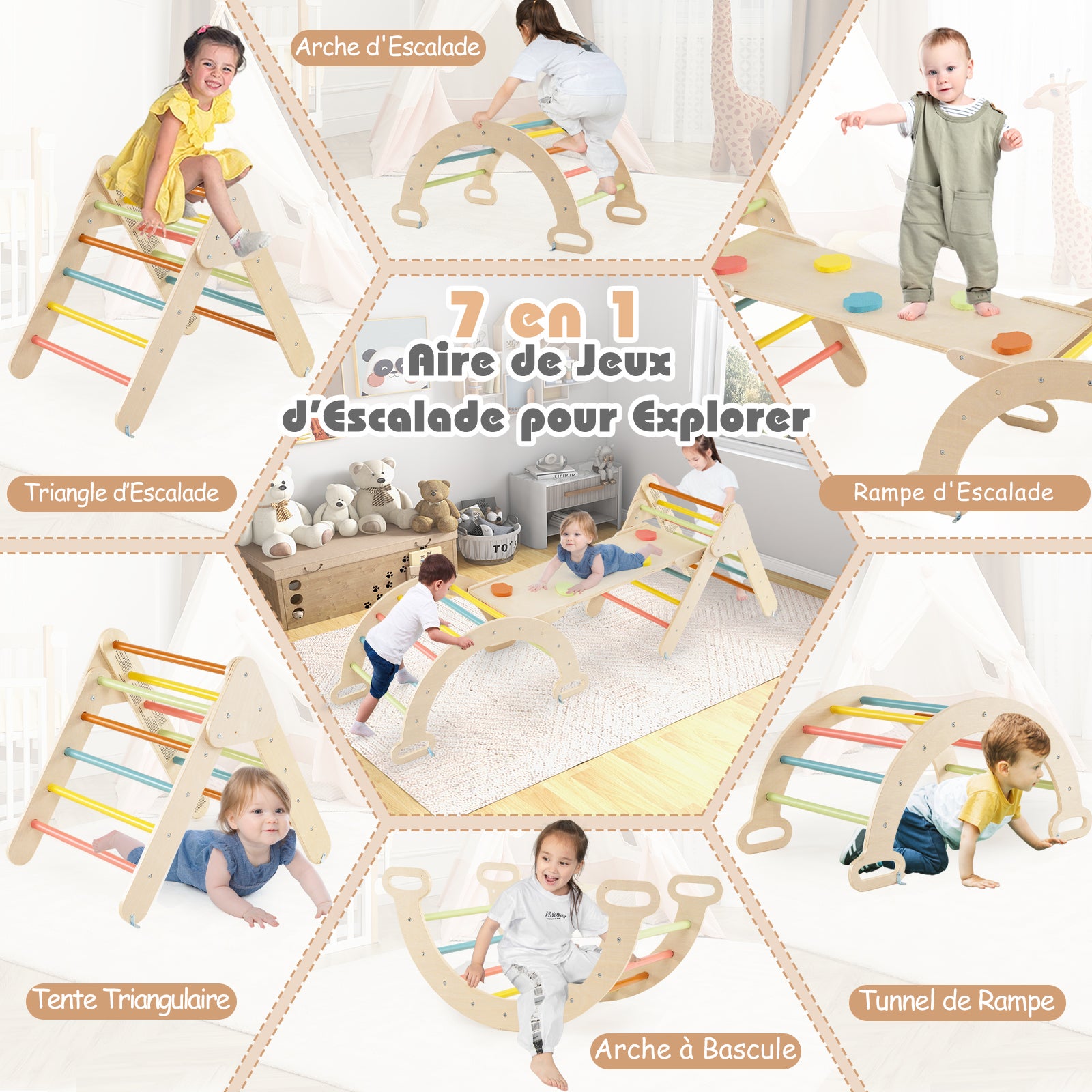 7 en 1 Triangle d'escalade Montessori Enfants avec Rampe, Arc d'escalade en Bois Hêtre avec Tente & Bascule & Échelle, Charge 50KG, pour 1 An + - 7