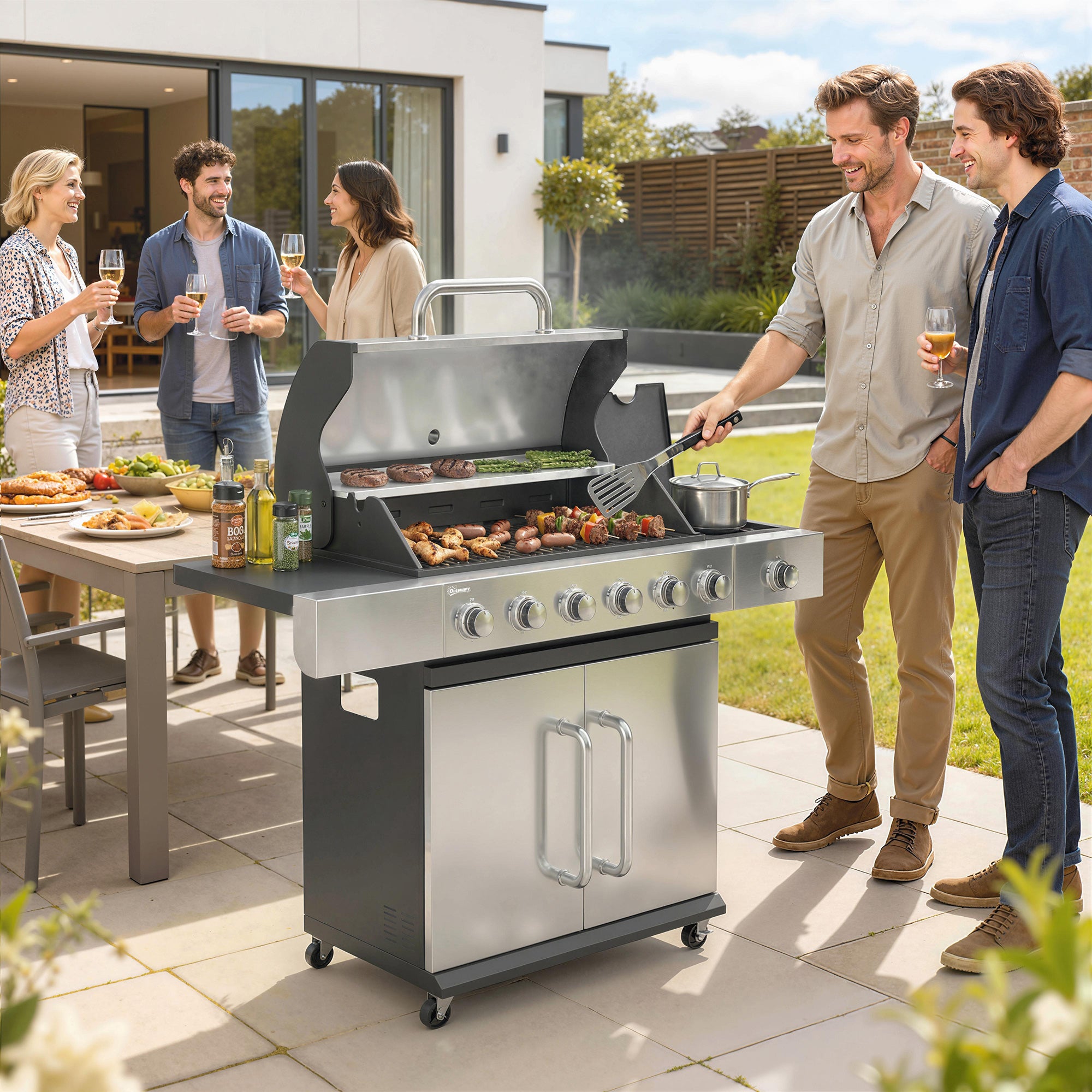 Outsunny Barbecue a Gas Propano a 6 Fuochi con Bruciatore Laterale, 63.000 BTU, Griglia in Acciaio Inox, Argento e Nero - 2