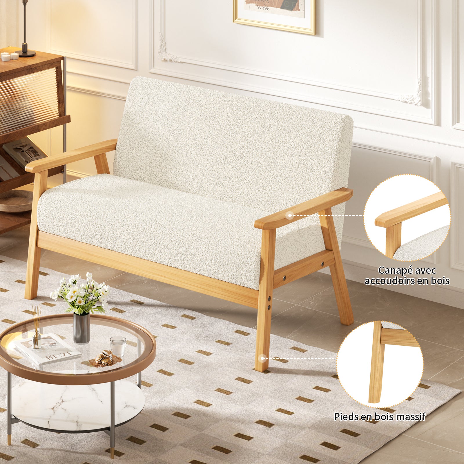 Canapé 2 Places en Velours Teddy Confortable pour Salon,Pieds en Bois,Fauteuil Simple Scandinave,107x60x76cm，Beige - 5