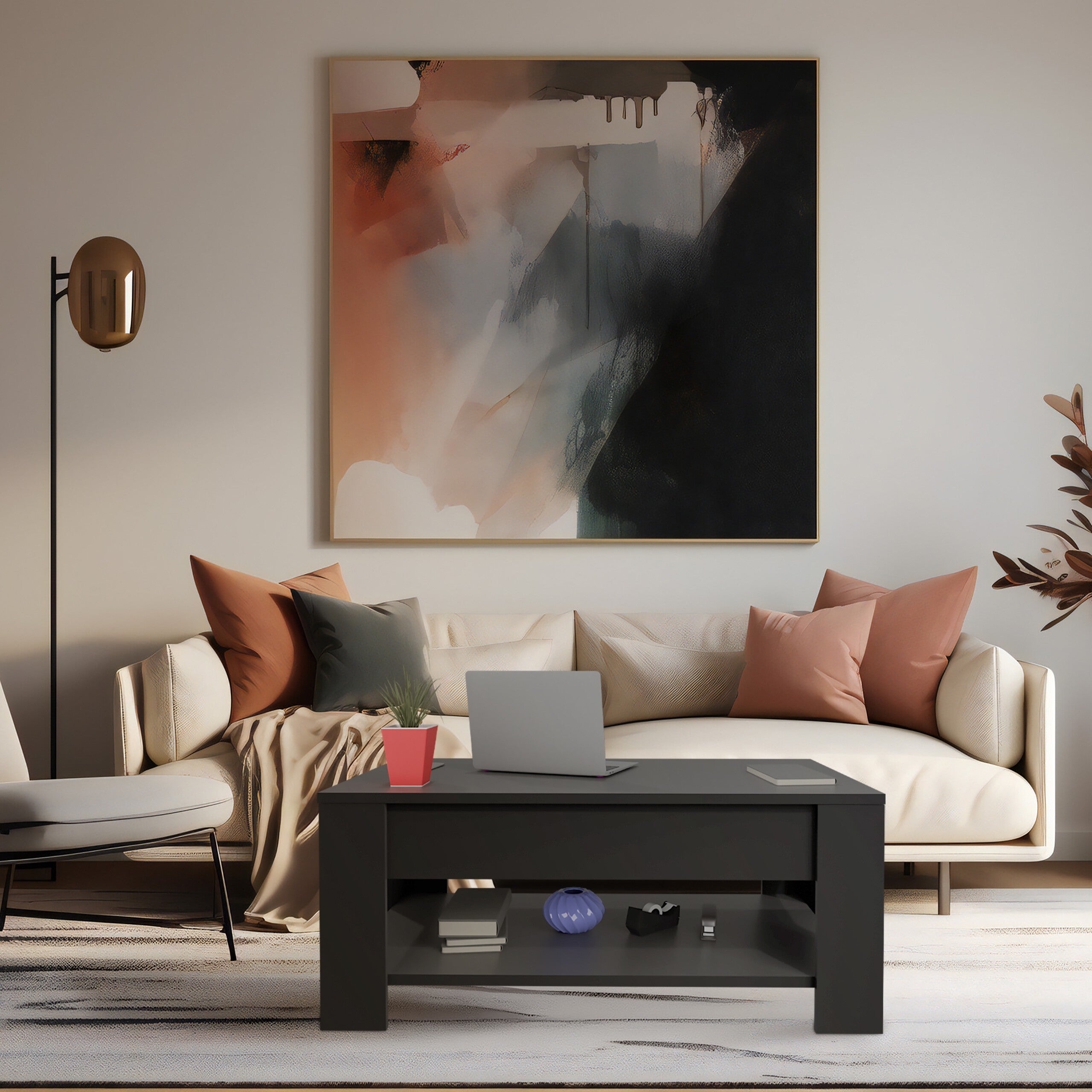 Mesa de centro, ajustável, HBD: 42x98x50 cm, mesa de estar com espaço de arrumação, superfície extra, preta, Relaxdays - 2