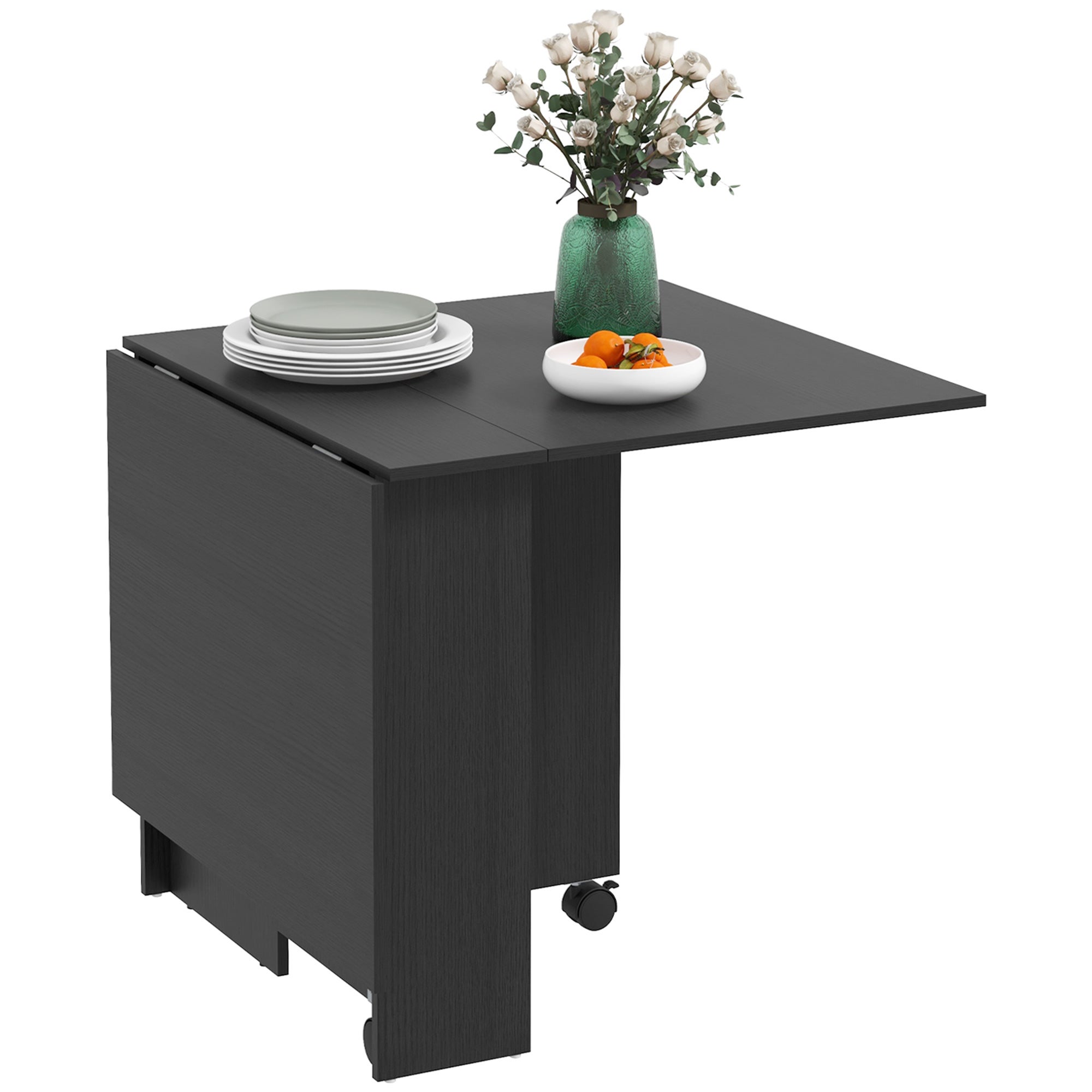 Mesa de comedor plegable con estantes de almacenamiento, extensión y ruedas.