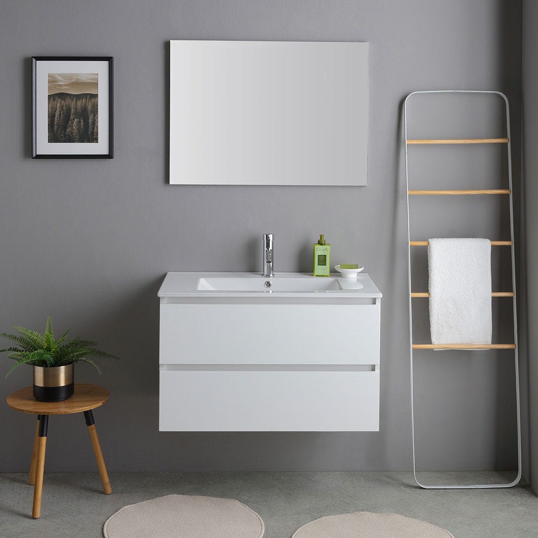 Mobile bagno sospeso 80cm bianco con lavabo e specchio | Bilbao - 2