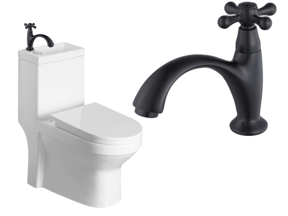 ZESTAW : Kompakt WC z umywalką 36,5x78x72cm + deska soft-close, odpływ uniwersalny: pion lub poziom HYGIE + BATERIA Retro na zimną wodę