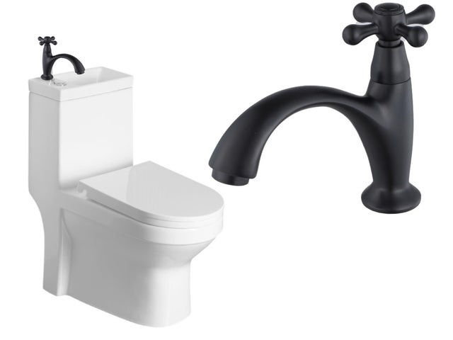 ZESTAW : Kompakt WC z umywalką 36,5x78x72cm + deska soft-close, odpływ uniwersalny: pion lub poziom HYGIE + BATERIA Retro na zimną wodę