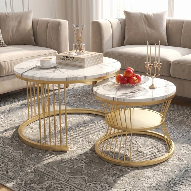 Lot de 2 tables basses gigognes avec 1 cloison,table basse rondes 2 en 1 modulaire,Pieds de table doré,Table d'appoint design simple,Blanc