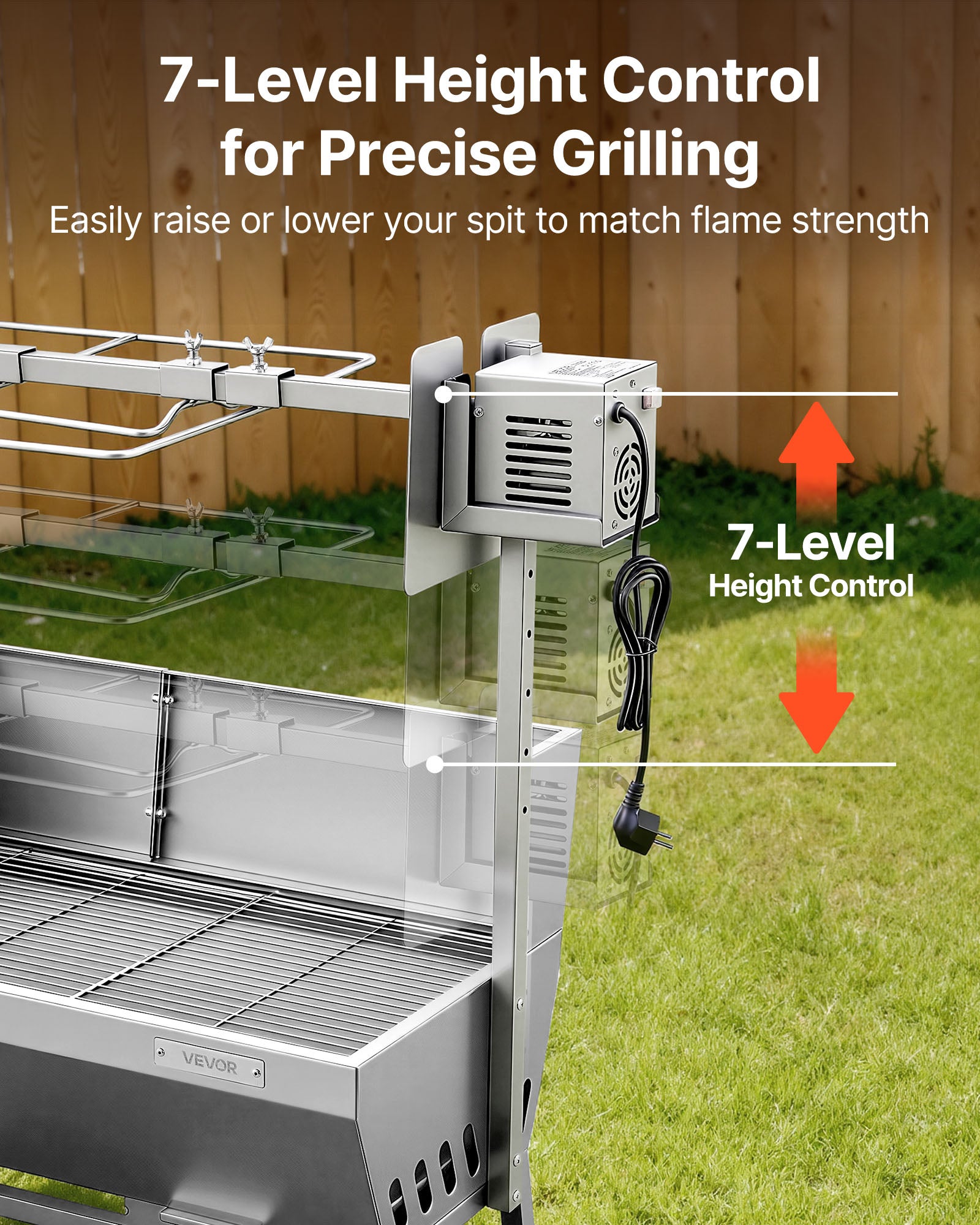 Barbecue a Carbone con Girarrosto Elettrico VEVOR, Motore 38 W, Carico 60 kg, Spiedo 94 cm, Senza Coperchio, 7 Altezze - 4