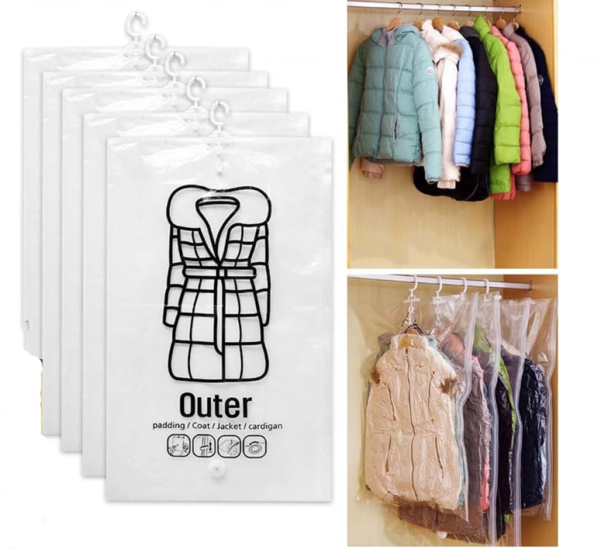 Wiszące worki próżniowe do przechowywania, zestaw 5 sztuk, wielokrotnego użytku i oszczędzające miejsce worki kompresyjne z haczykiem na ubrania, oszc