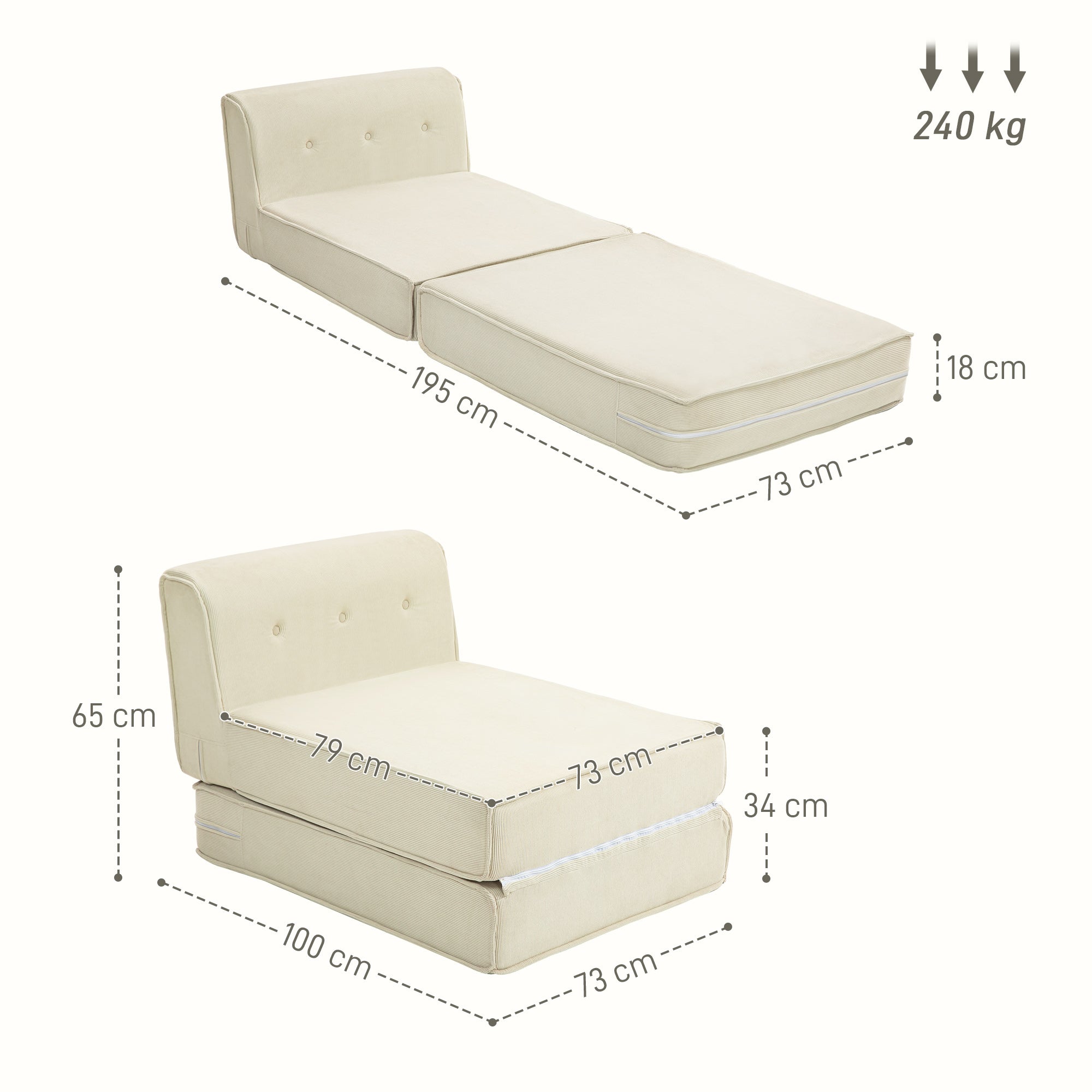 Chauffeuse 1 place Velours côtelé (100% polyester) HOMCOM - 3