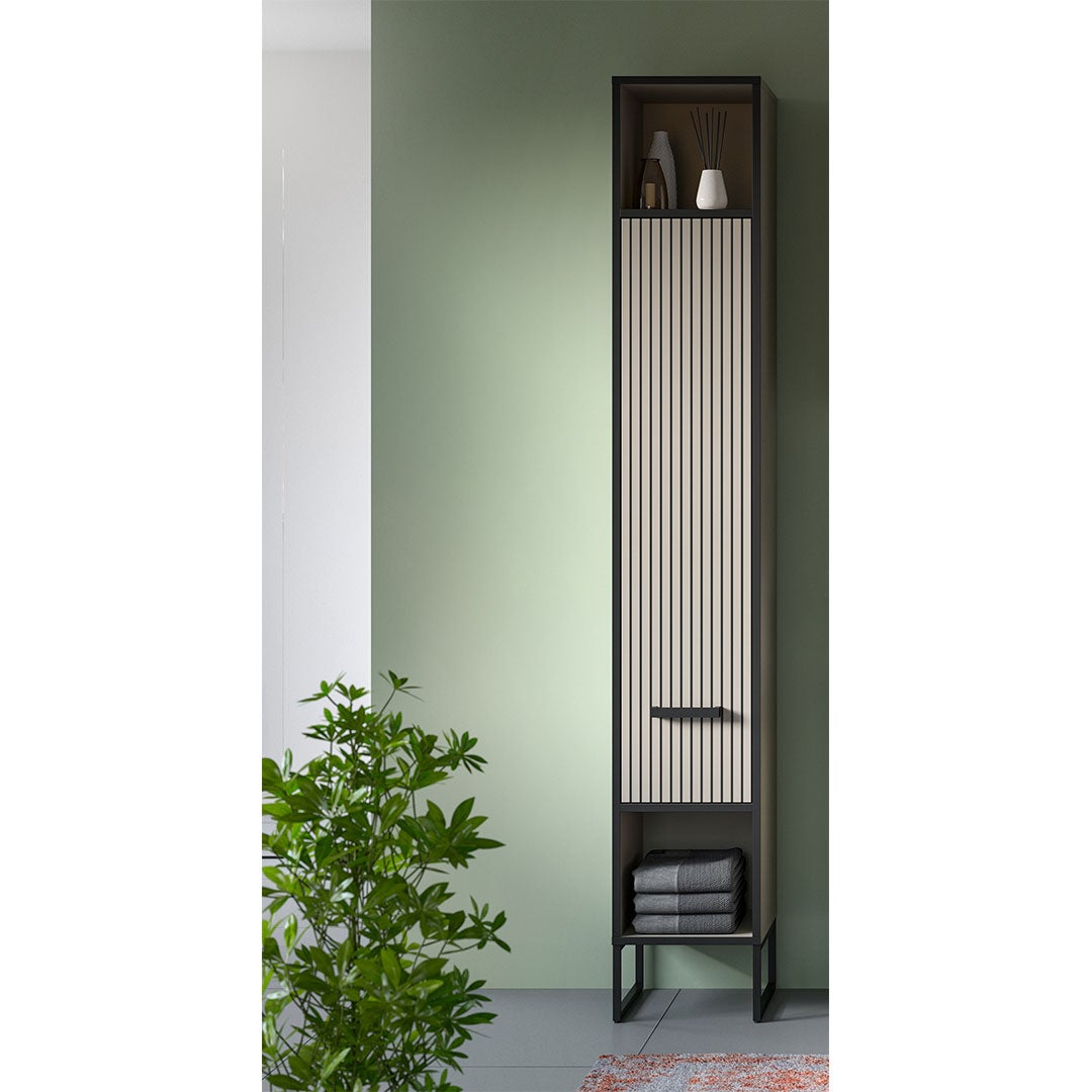 Bagno wysoka szafka łazienkowa 1 drzwi, 2 wnęki jasnoszary, kremowy. - 6
