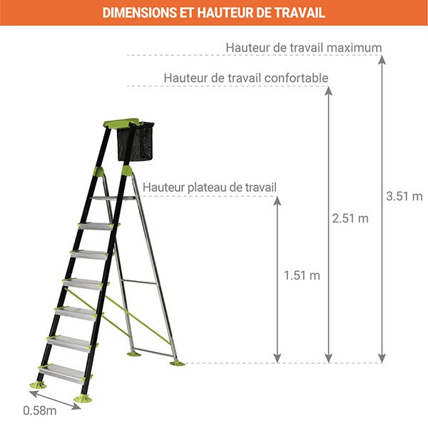 Escabeau de jardin 7 marches - Hauteur de travail maximale de 3.51m - 219207 - 2