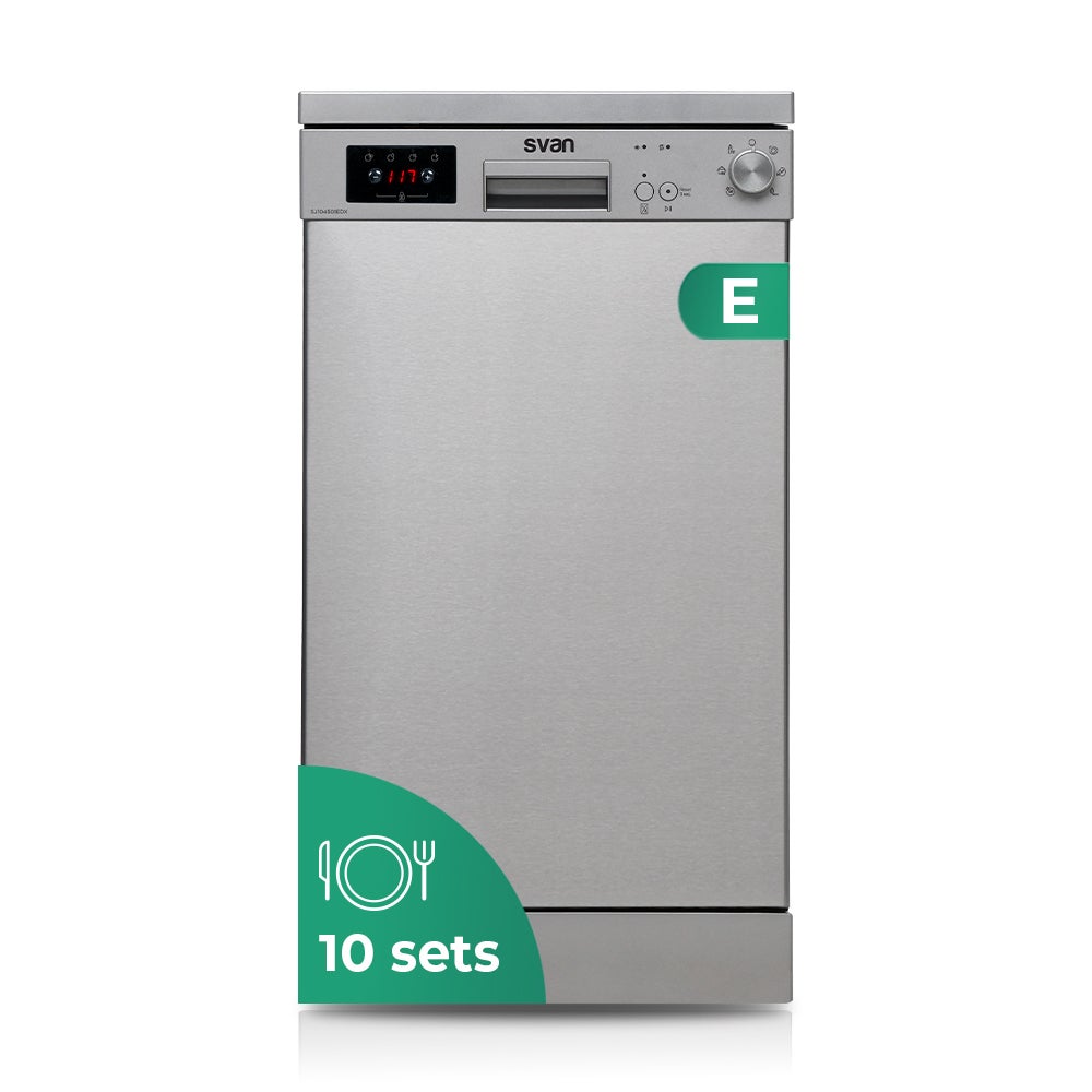 Svan Lavavajillas Sj104501edx, 10 Cubiertos, 2 Bandejas, 6 Programas, Display Led, Motor Universal, Eficiencia Energética E, 45Cm, Inox , Leroy Merlin