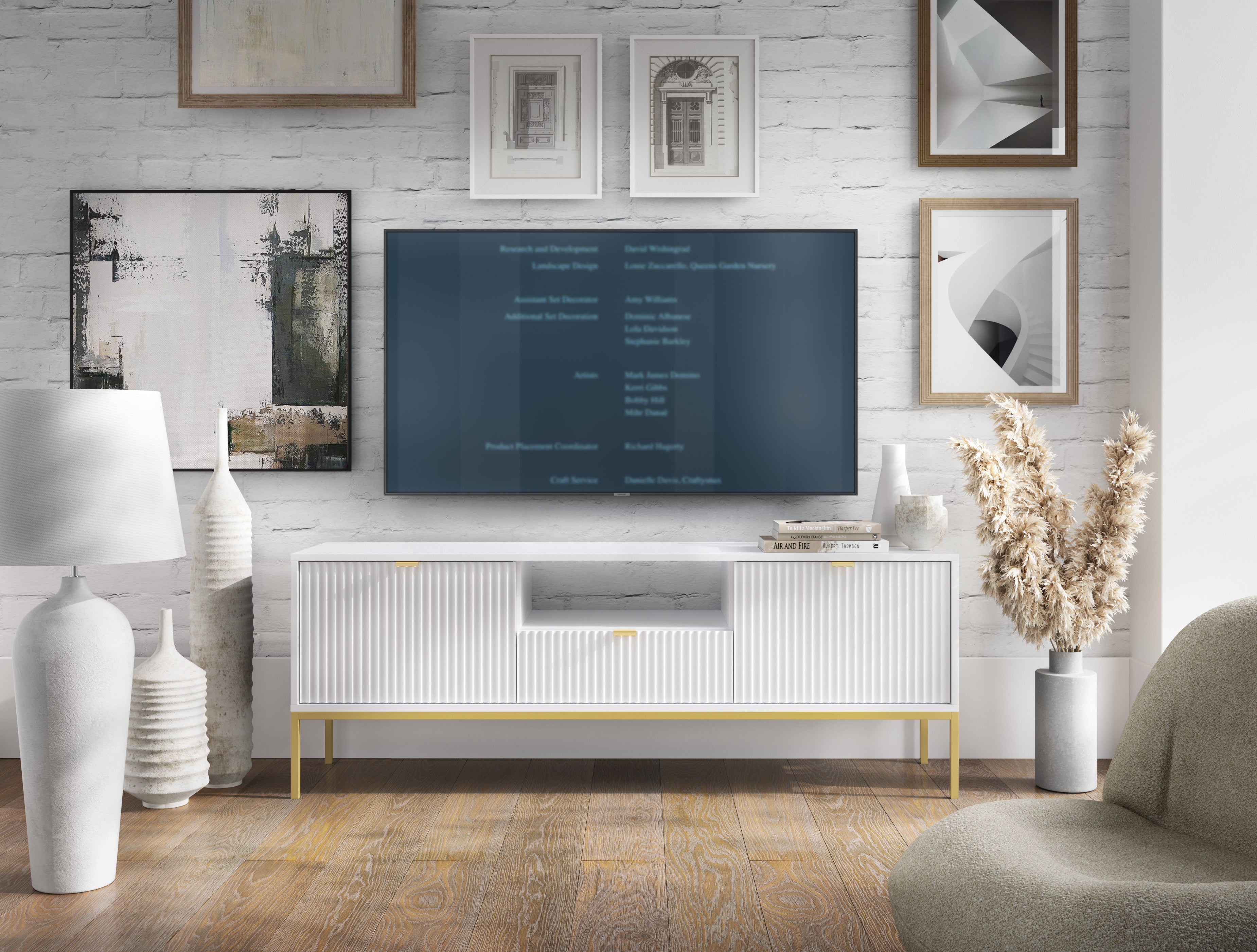 Szafka TV: 1 szuflada, biała, stelaż złoty, 154 x 56 x 39 cm, uchwyty złote - 4