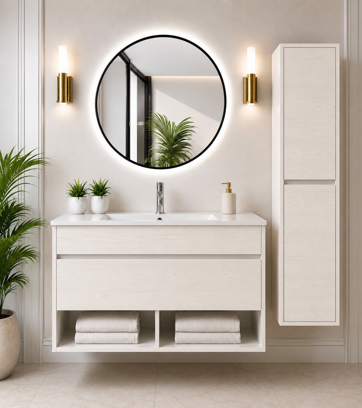 Mobilier de baie suspendat cu lavoar ORIGENBATH NEBARI cu sertar cu coloană 80x45 cm alb nordic cu coloană