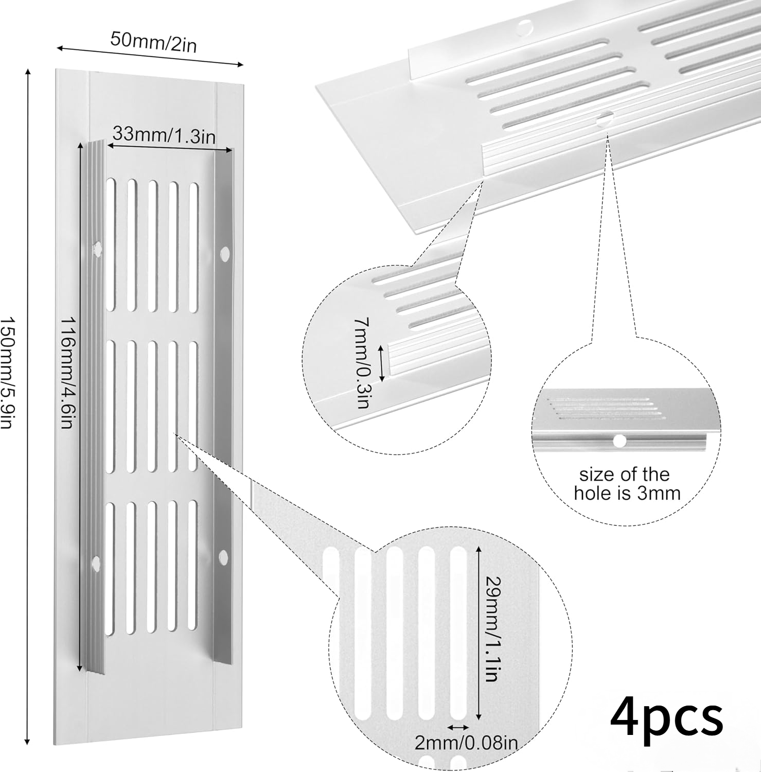 Kratka wentylacyjna aluminiowa z wkrętami, do wentylacji szaf i pomieszczeń, 15 x 5 cm, srebrna, 4 sztuki - 4