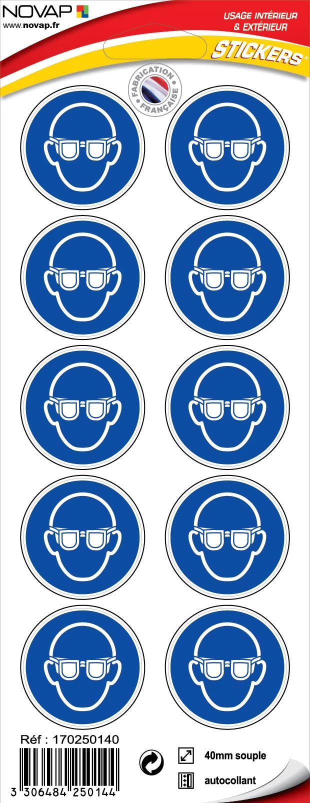 Planche 10 Pictogrammes Ø 40mm - Obligation de Porter des lunettes de Protection - 4250144