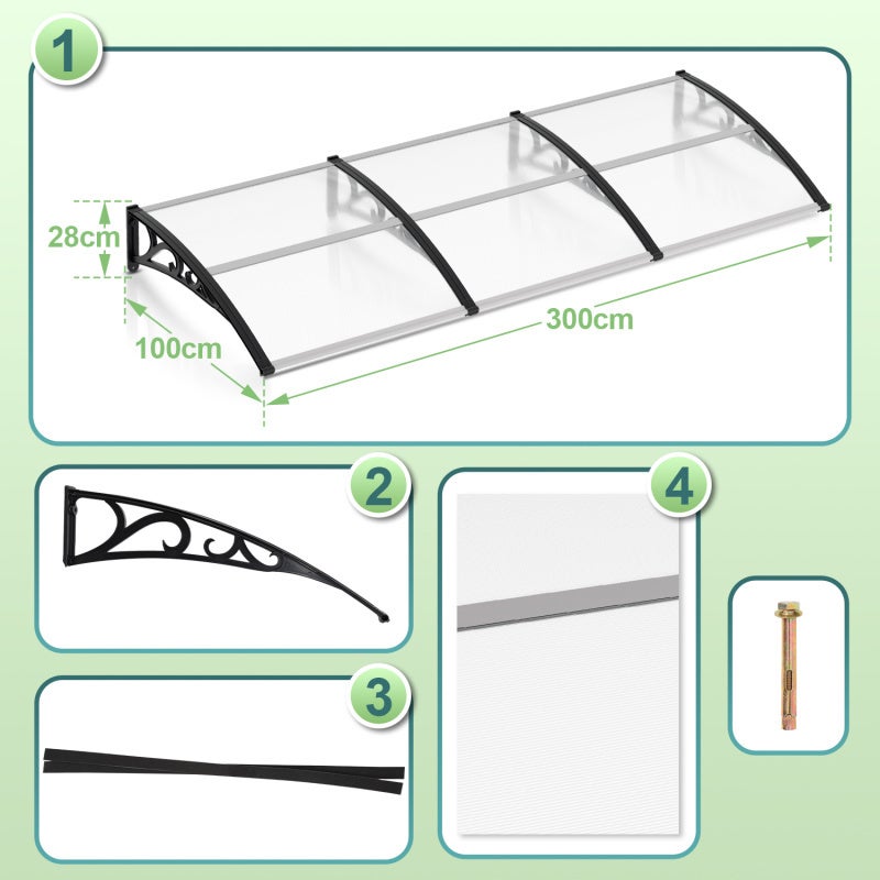 Toldo para porta Toldo Marquise para Porta em alumínio Marquise de Porta e Janela Exterior Placa de Proteção 100 x 300 cm - 2