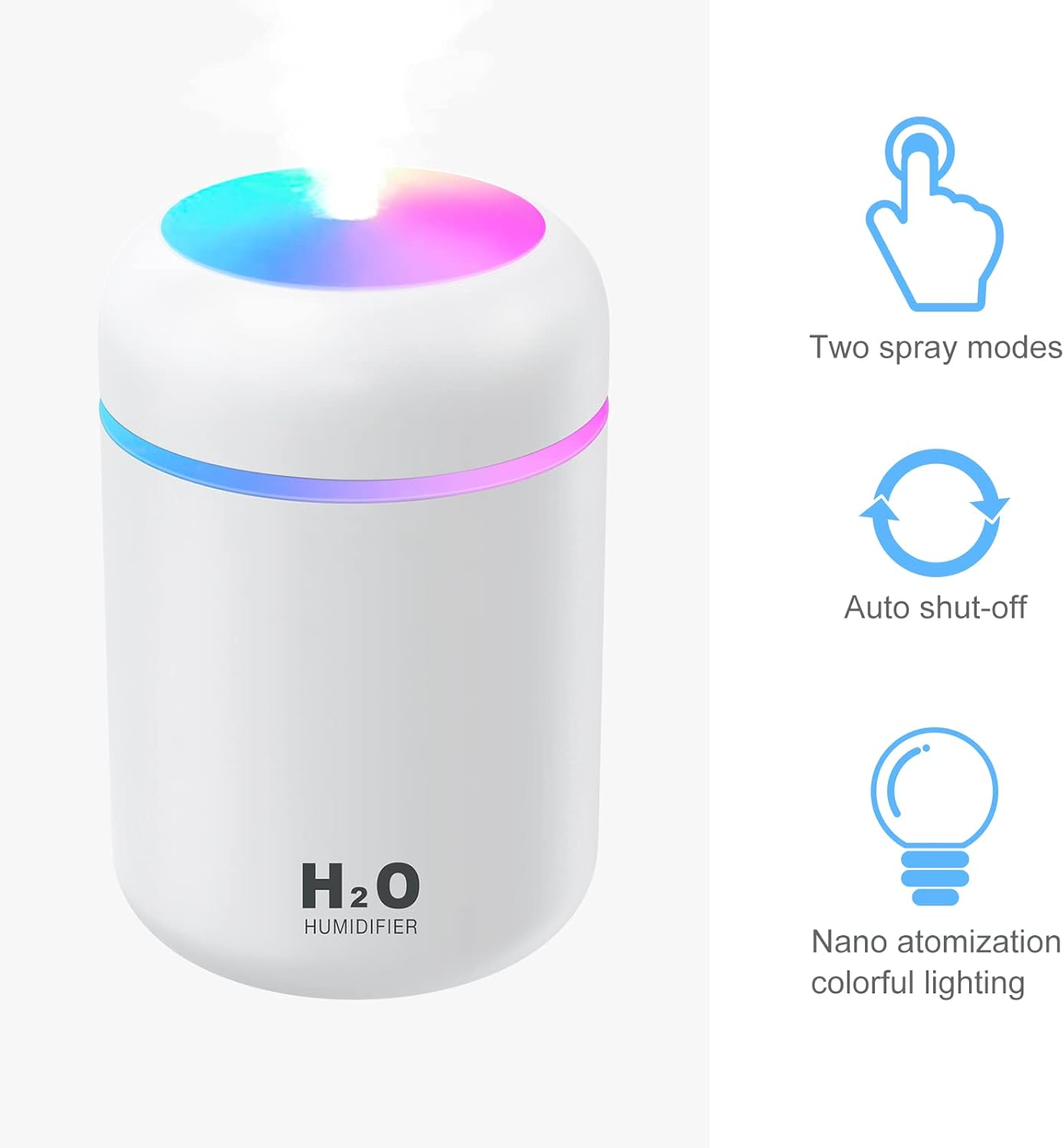 Nawilżacz powietrza z 2 regulowanymi trybami mgiełki, automatycznym wyłączaniem i kolorową lampką nocną, przenośny USB (biały) 300 ml - 2